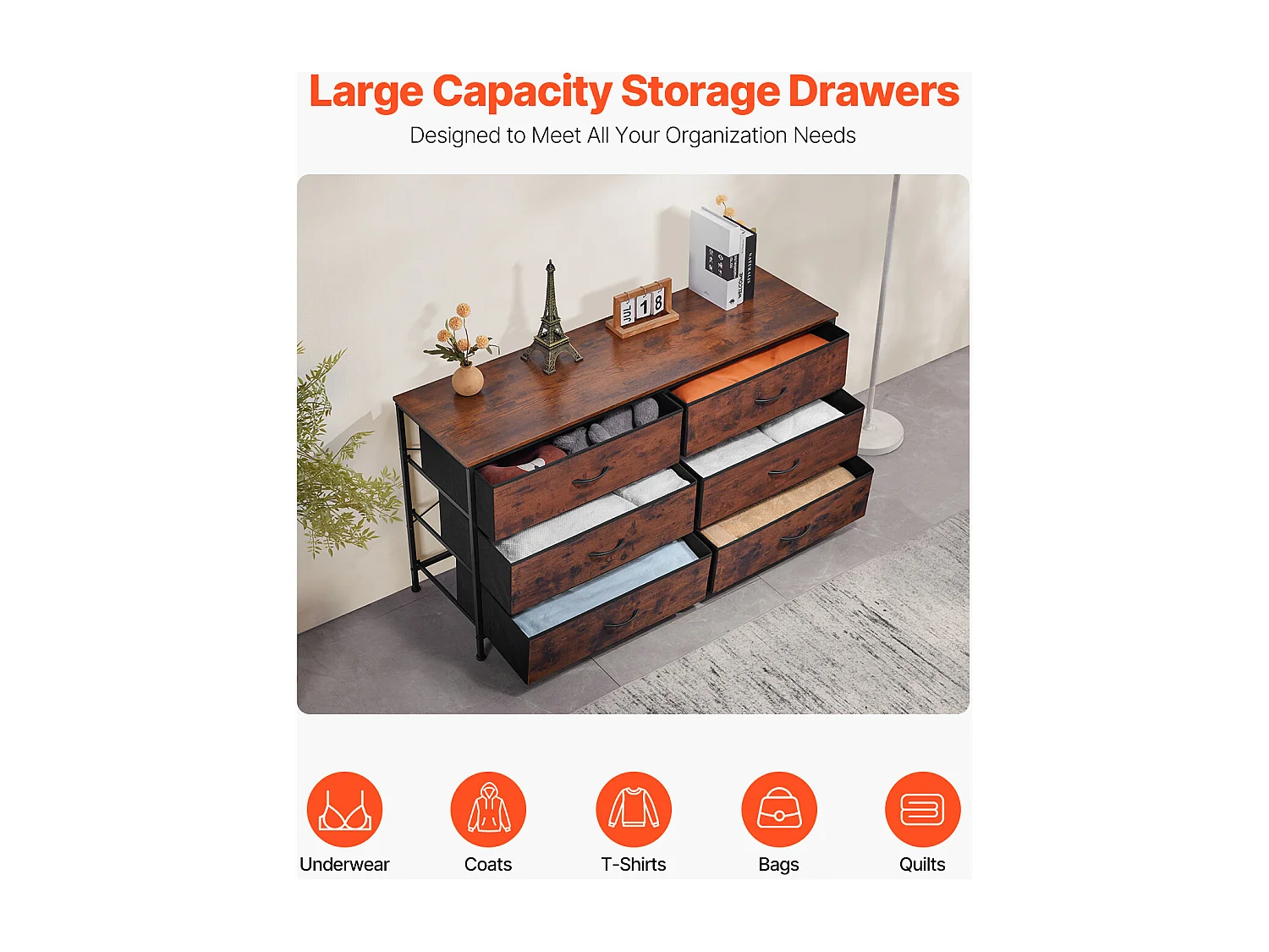 Commode Meuble de Rangement SucceBuy Commode en Tissu avec 6 Tiroirs pour Chambre, Finition Marron Rustique