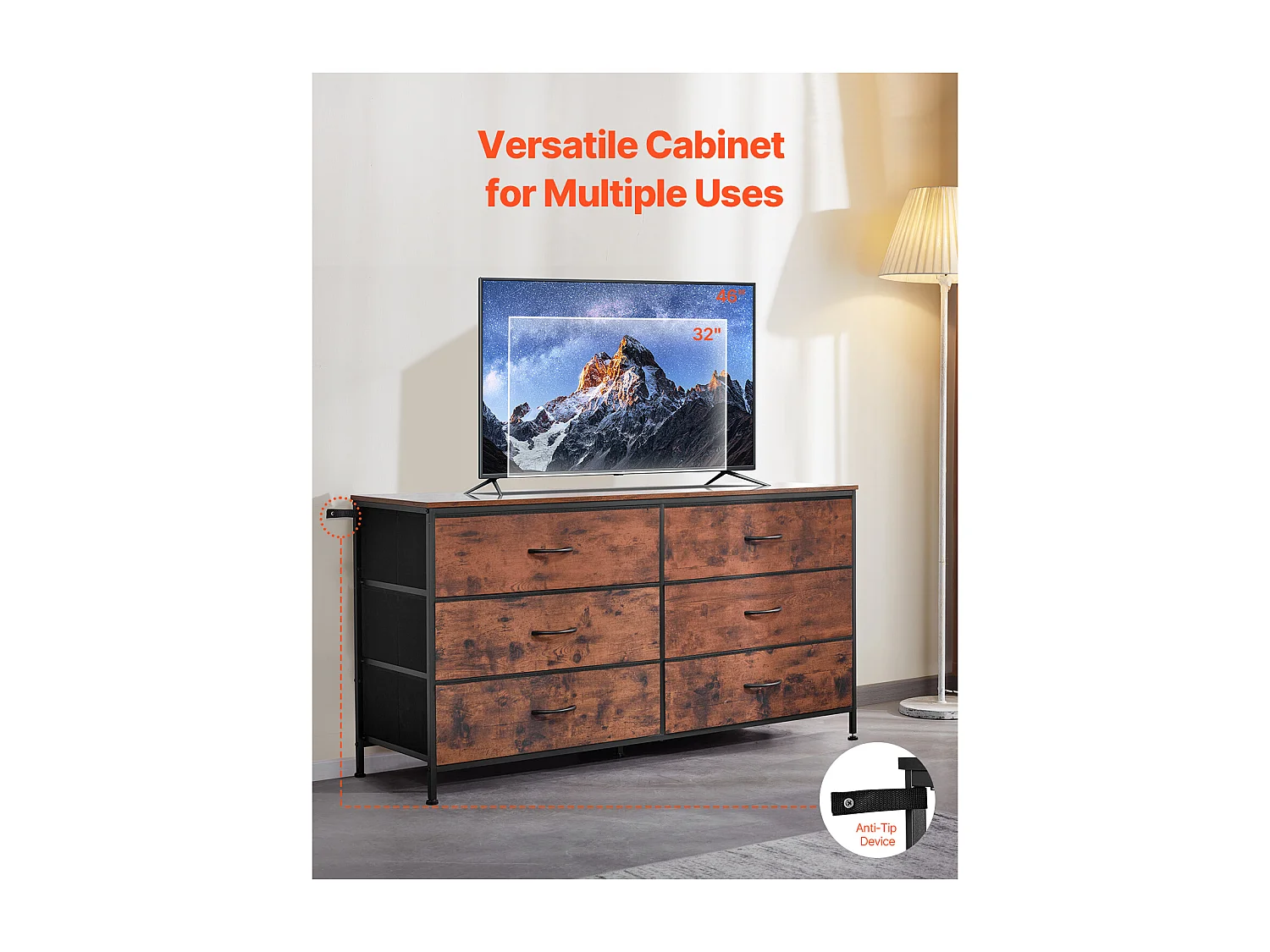 Commode Meuble de Rangement SucceBuy Commode en Tissu avec 6 Tiroirs pour Chambre, Finition Marron Rustique