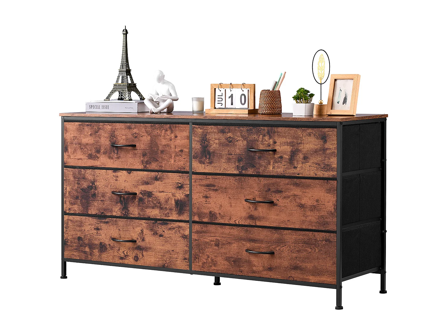 Commode Meuble de Rangement SucceBuy Commode en Tissu avec 6 Tiroirs pour Chambre, Finition Marron Rustique