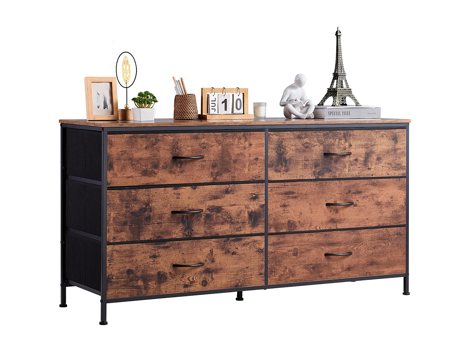 Commode Meuble de Rangement SucceBuy Commode en Tissu avec 6 Tiroirs pour Chambre, Finition Marron Rustique