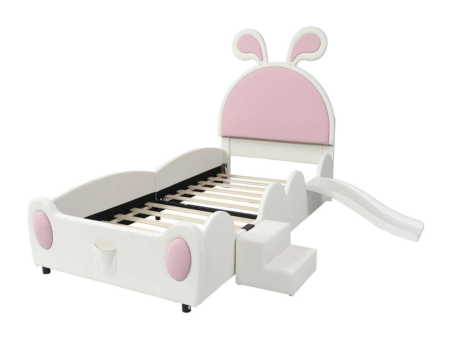 Cama infantil con forma de conejo de 90x200cm, con tobogán y escalera, funda de PU blanca y rosa, somier de láminas, sin colchón