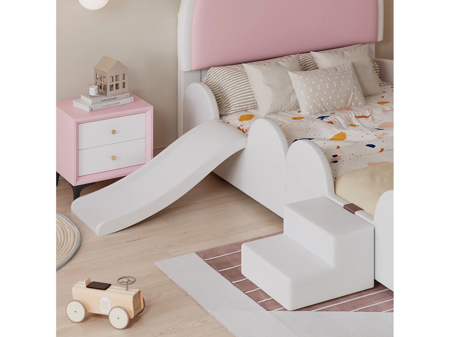 Cama infantil con forma de conejo de 90x200cm, con tobogán y escalera, funda de PU blanca y rosa, somier de láminas, sin colchón