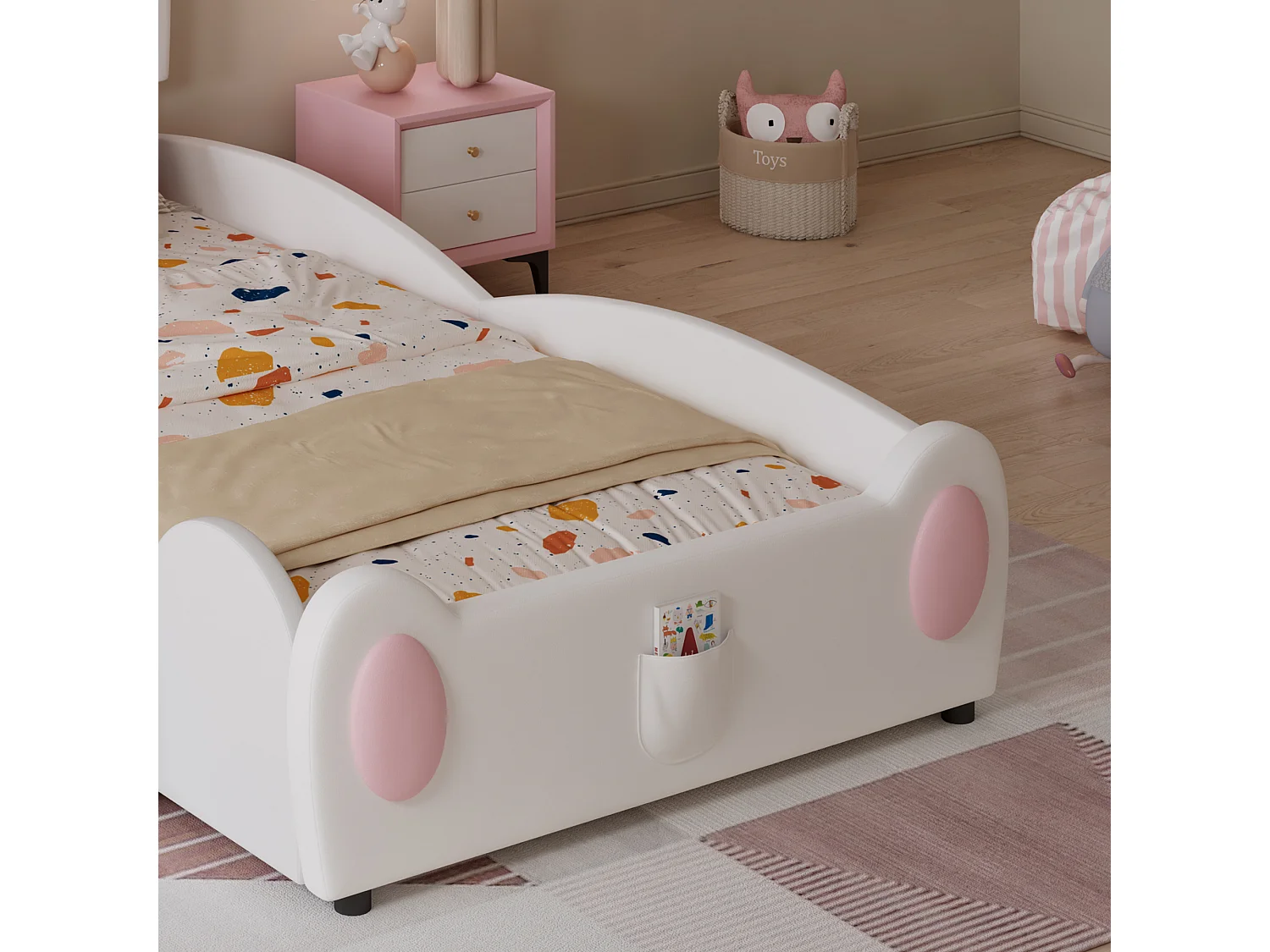 Cama infantil con forma de conejo de 90x200cm, con tobogán y escalera, funda de PU blanca y rosa, somier de láminas, sin colchón