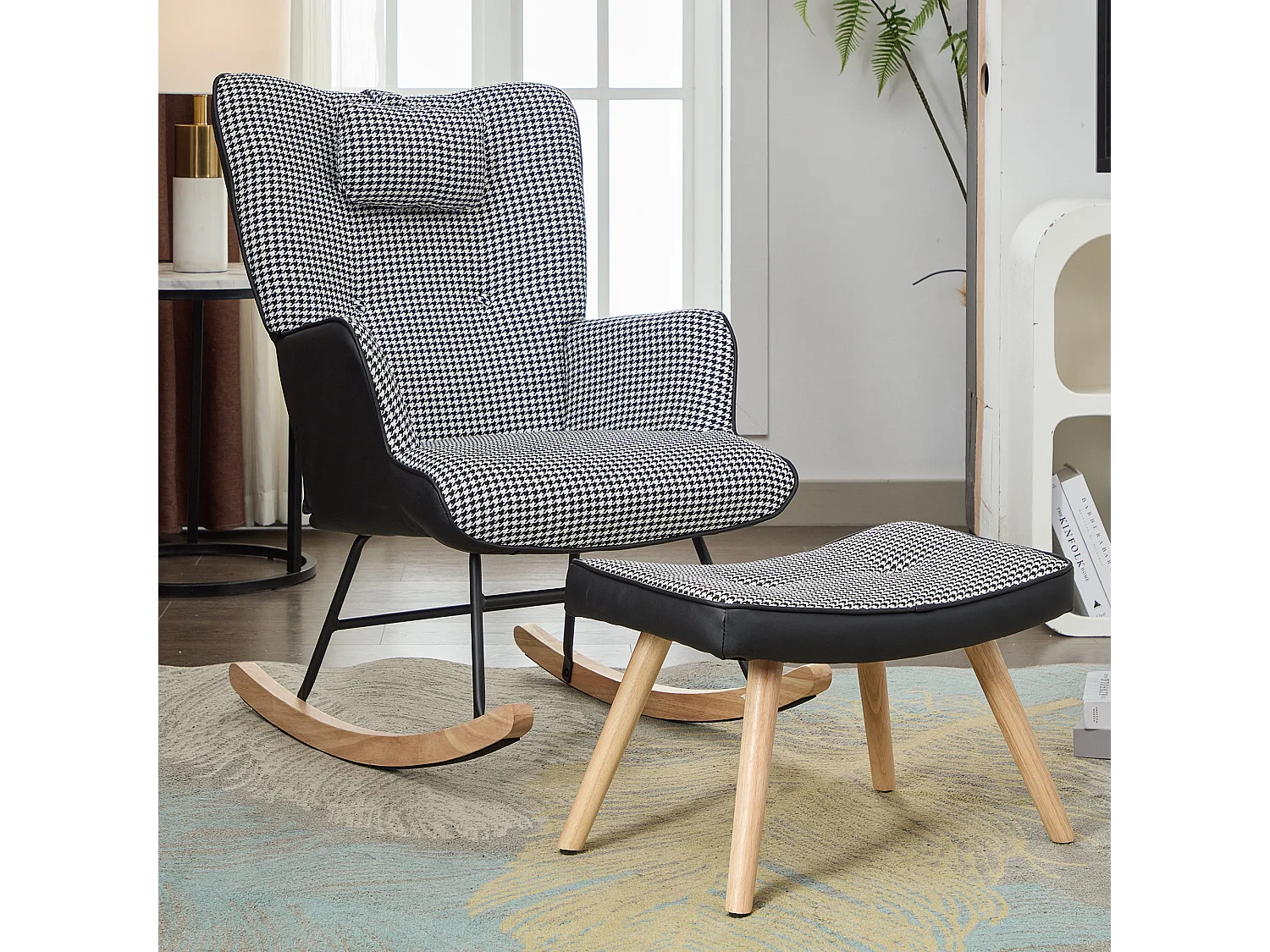 Fauteuil à bascule à carreaux, rocking chair avec Appuie-tête et tabouret, cadre en métal et pieds en bois, noir