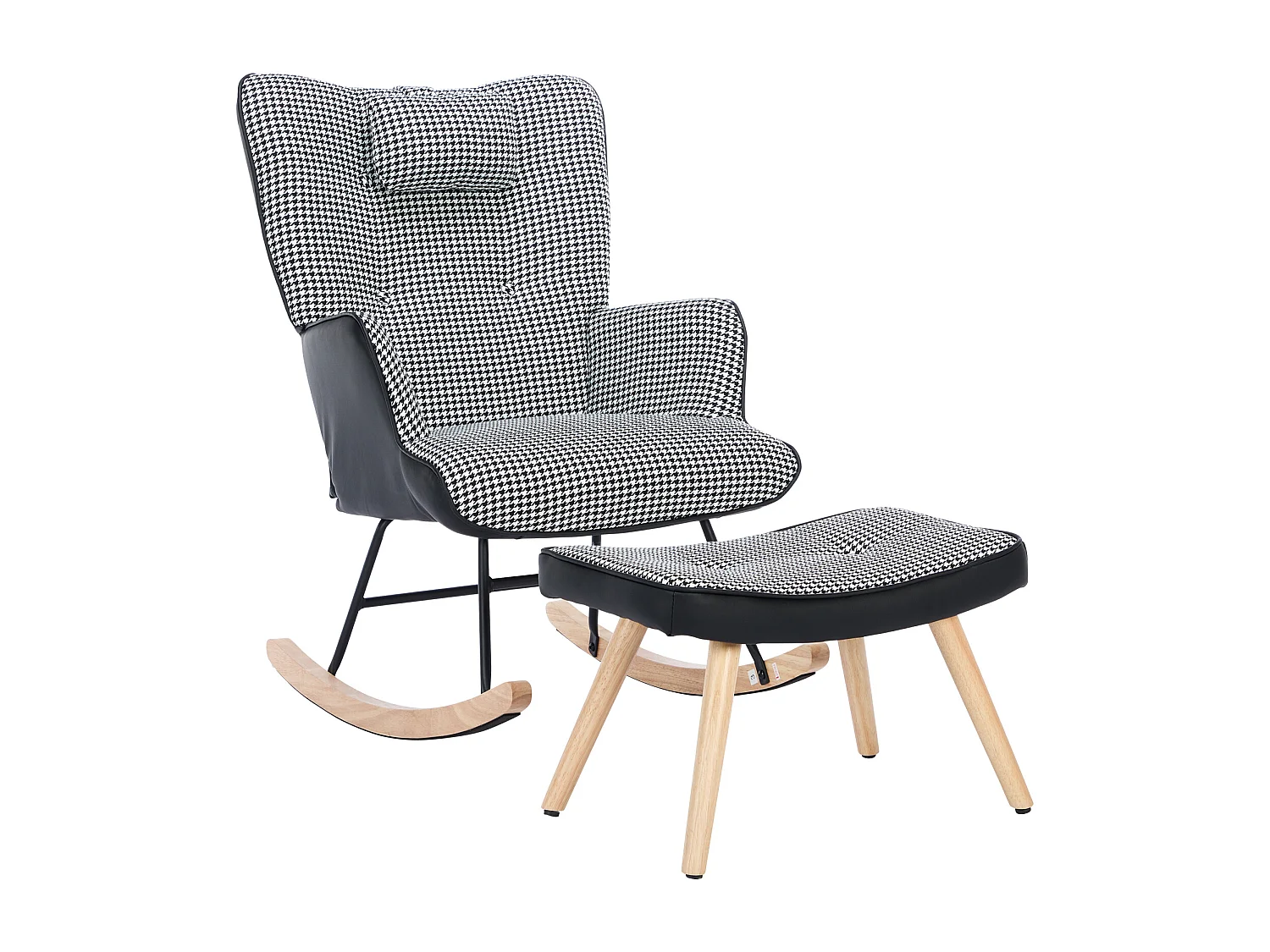 Fauteuil à bascule à carreaux, rocking chair avec Appuie-tête et tabouret, cadre en métal et pieds en bois, noir