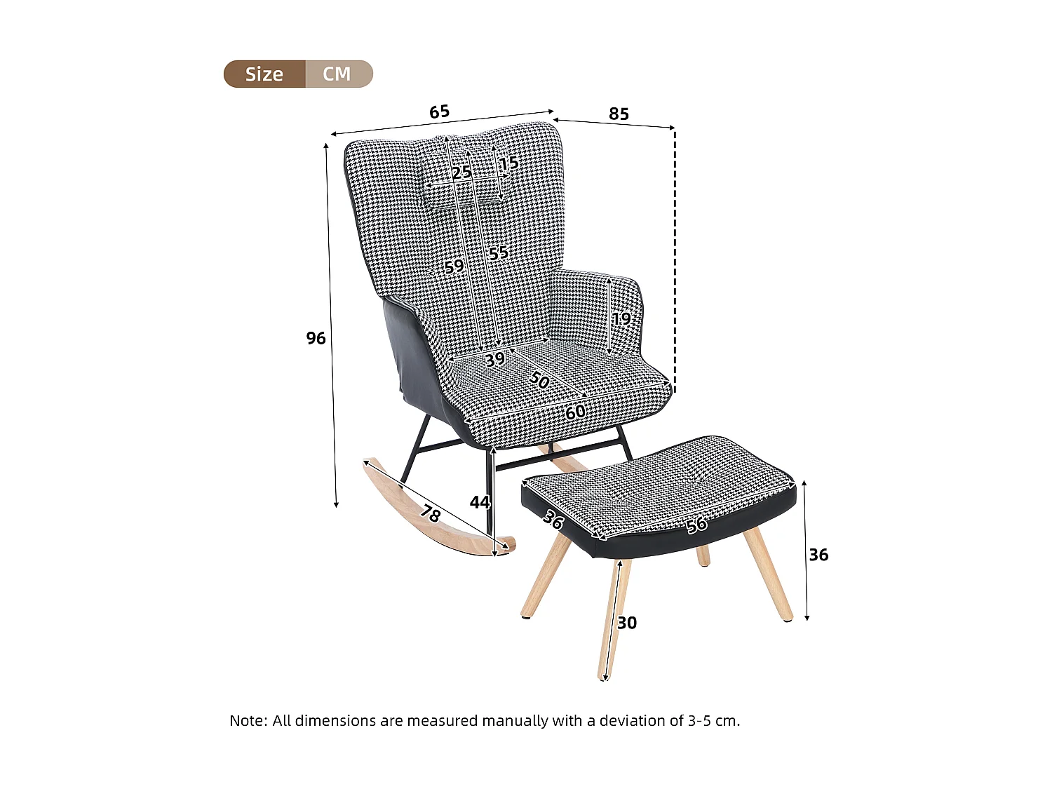 Fauteuil à bascule à carreaux, rocking chair avec Appuie-tête et tabouret, cadre en métal et pieds en bois, noir