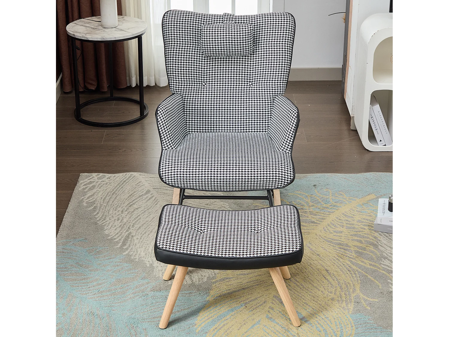 Fauteuil à bascule à carreaux, rocking chair avec Appuie-tête et tabouret, cadre en métal et pieds en bois, noir