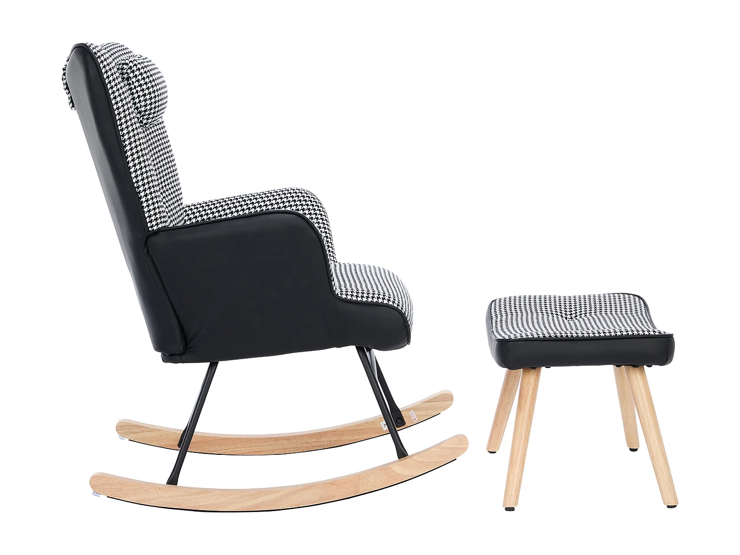 Fauteuil à bascule à carreaux, rocking chair avec Appuie-tête et tabouret, cadre en métal et pieds en bois, noir