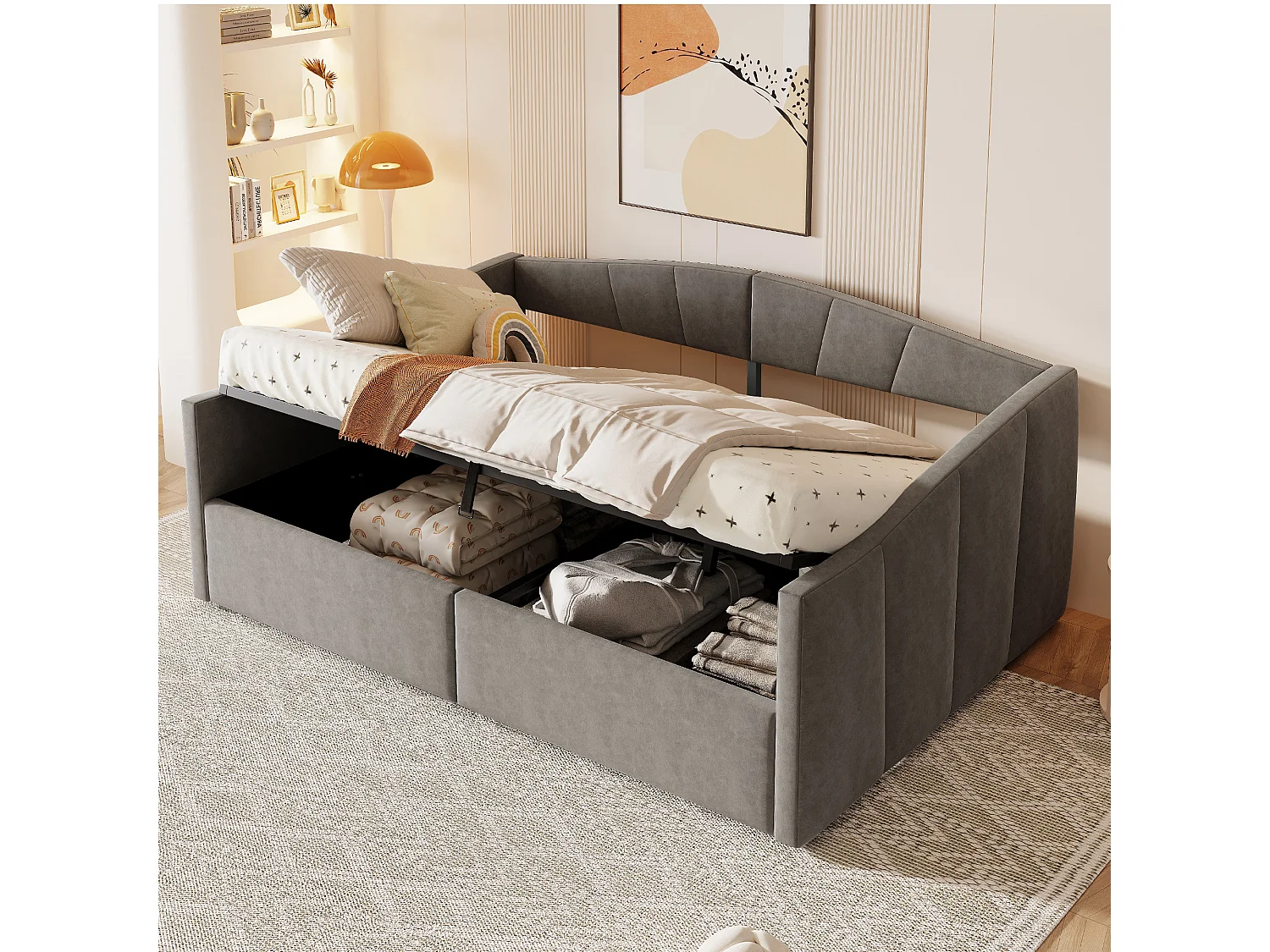 Lit coffre adulte, lit banquette 140x200cm gris en velours, sommier à lattes, sans matelas