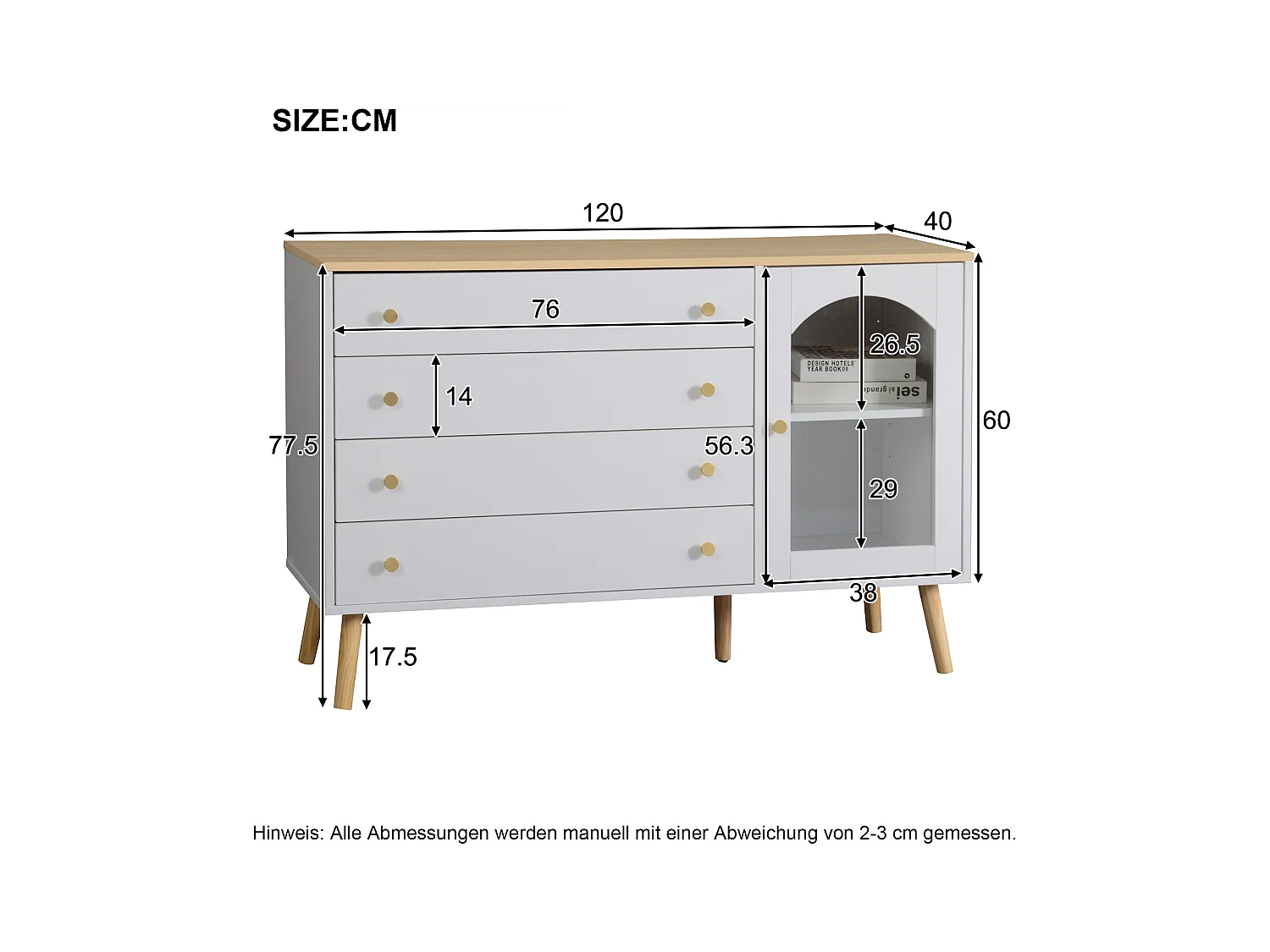 Buffet 120x40x77.5cm avec 1 porte en varre et 4 tiroirs, plateau et pieds en placage bois naturel, blanc