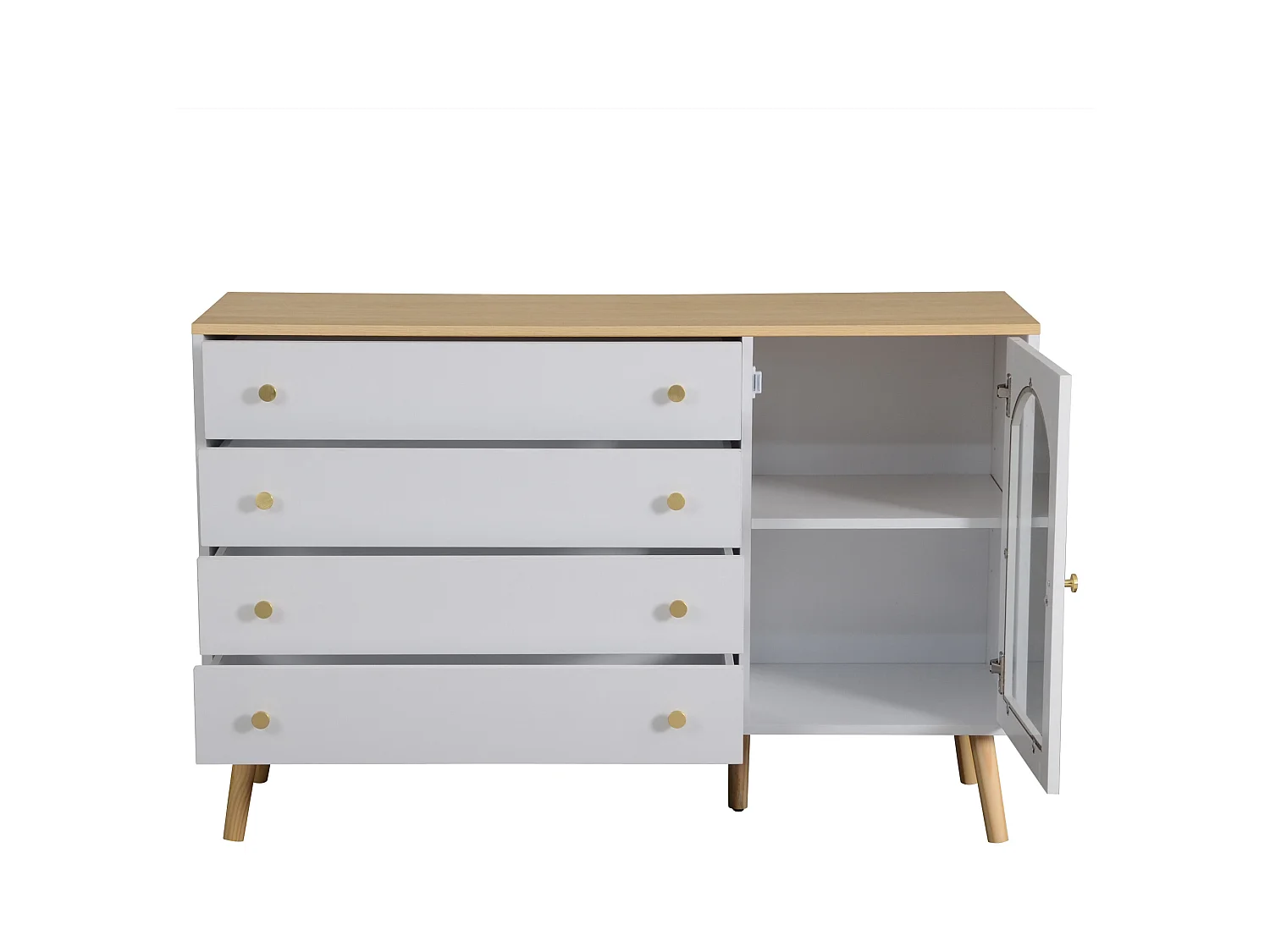 Buffet 120x40x77.5cm avec 1 porte en varre et 4 tiroirs, plateau et pieds en placage bois naturel, blanc