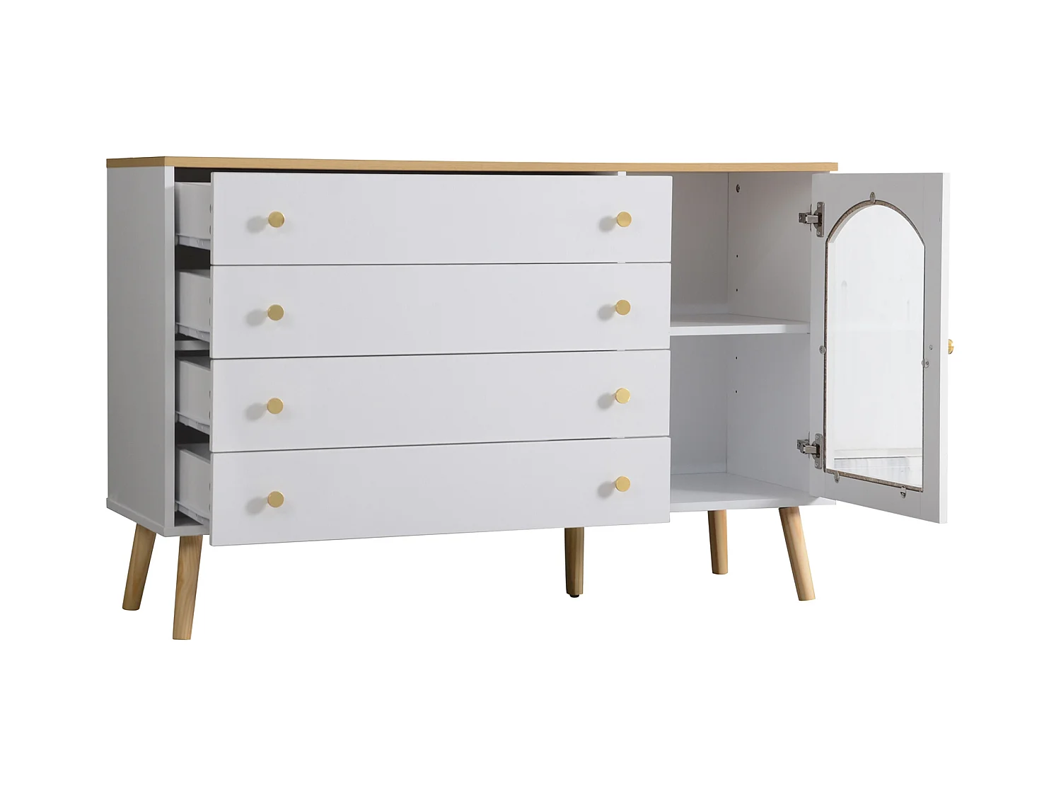 Buffet 120x40x77.5cm avec 1 porte en varre et 4 tiroirs, plateau et pieds en placage bois naturel, blanc