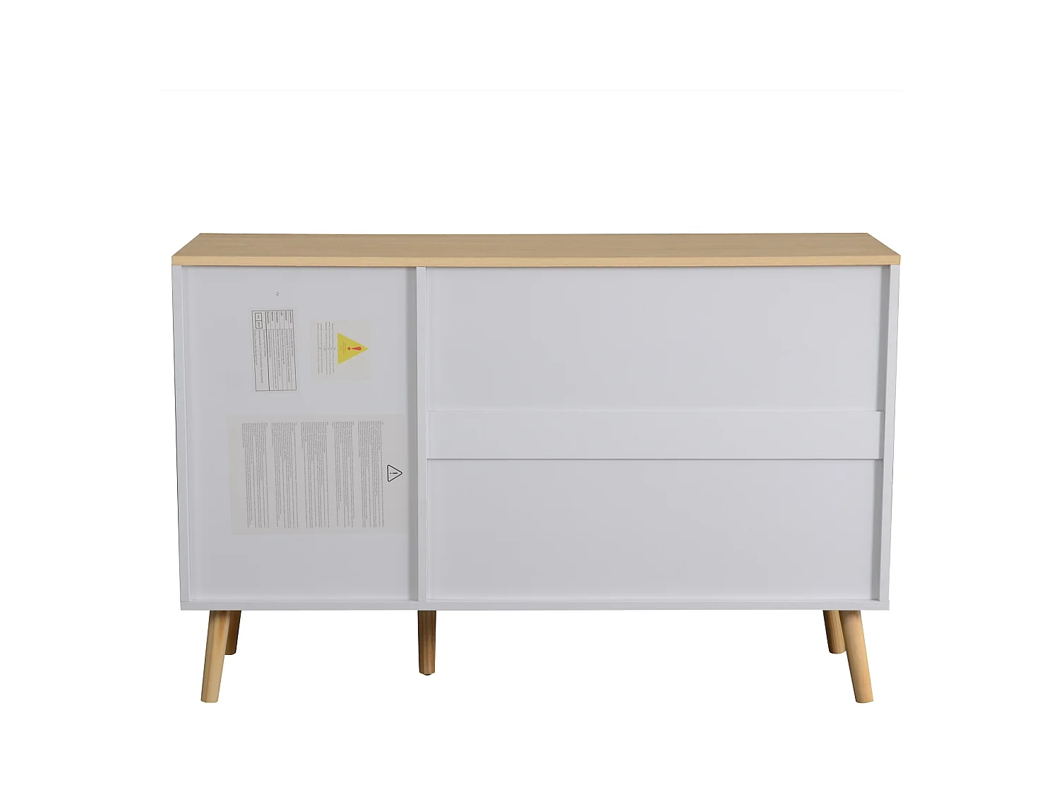 Buffet 120x40x77.5cm avec 1 porte en varre et 4 tiroirs, plateau et pieds en placage bois naturel, blanc