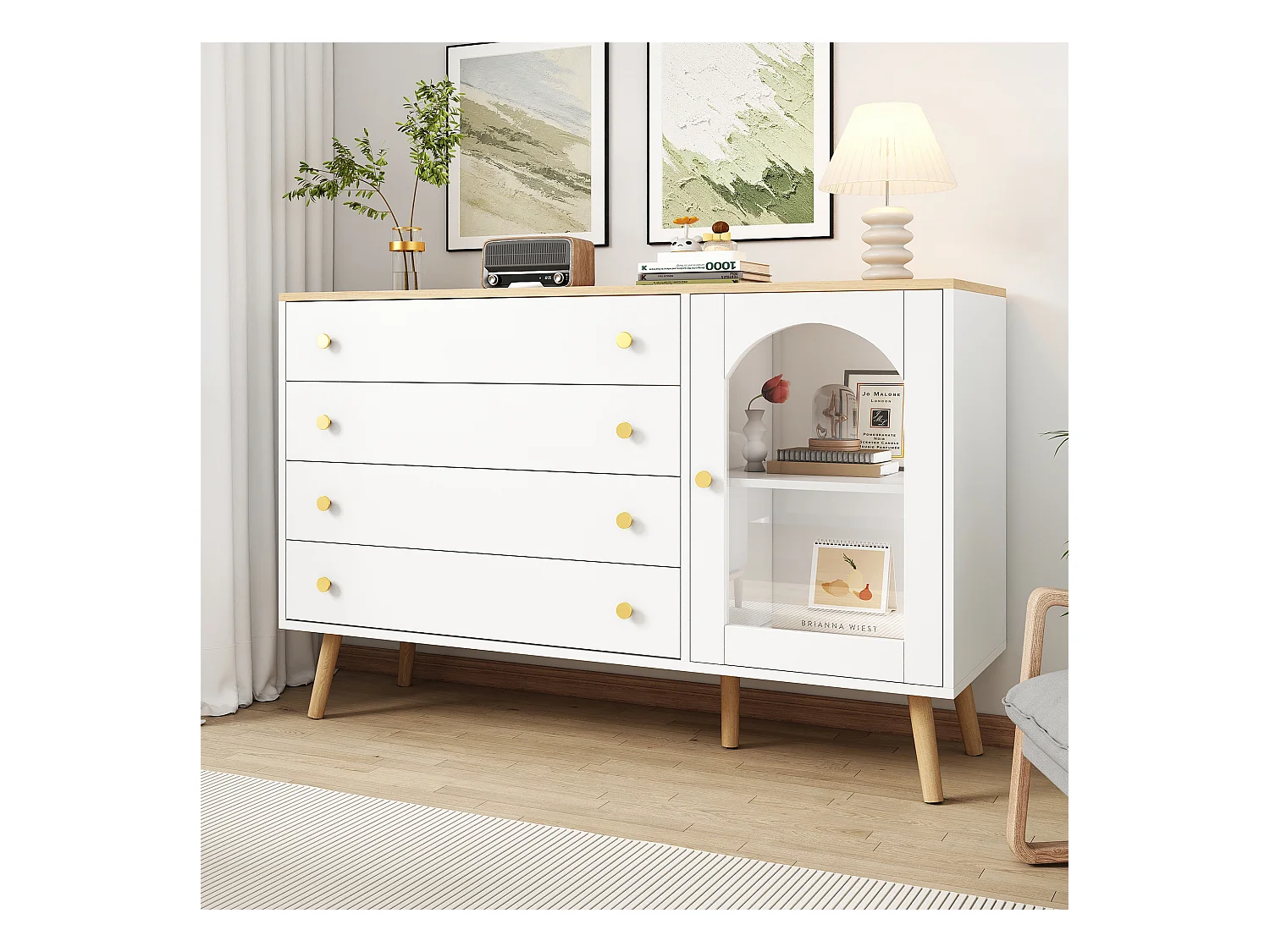 Buffet 120x40x77.5cm avec 1 porte en varre et 4 tiroirs, plateau et pieds en placage bois naturel, blanc