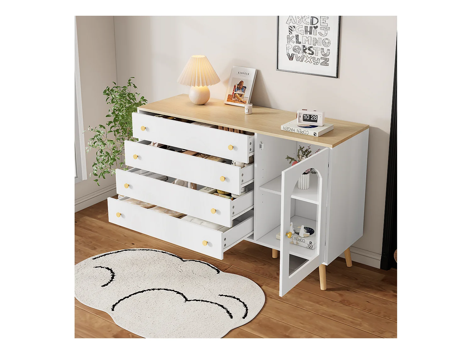 Buffet 120x40x77.5cm avec 1 porte en varre et 4 tiroirs, plateau et pieds en placage bois naturel, blanc