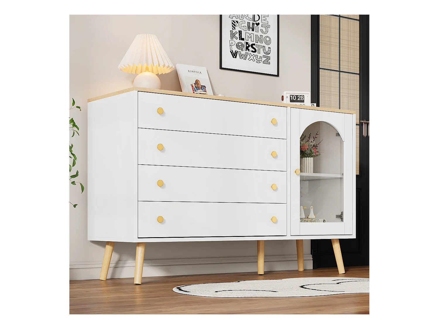 Buffet 120x40x77.5cm avec 1 porte en varre et 4 tiroirs, plateau et pieds en placage bois naturel, blanc