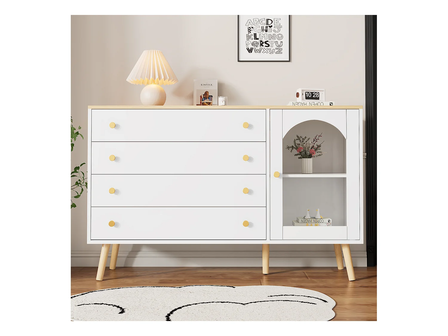 Buffet 120x40x77.5cm avec 1 porte en varre et 4 tiroirs, plateau et pieds en placage bois naturel, blanc