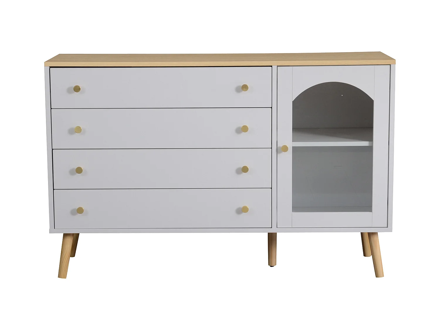 Buffet 120x40x77.5cm avec 1 porte en varre et 4 tiroirs, plateau et pieds en placage bois naturel, blanc