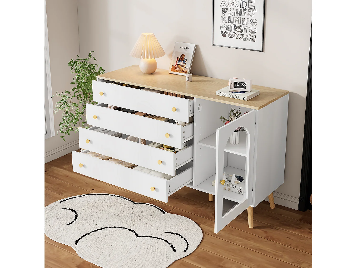 Dressoir 120x40x77,5cm met 1 houten deur en 4 lades, bovenblad en poten in natuurlijk houtfineer, wit