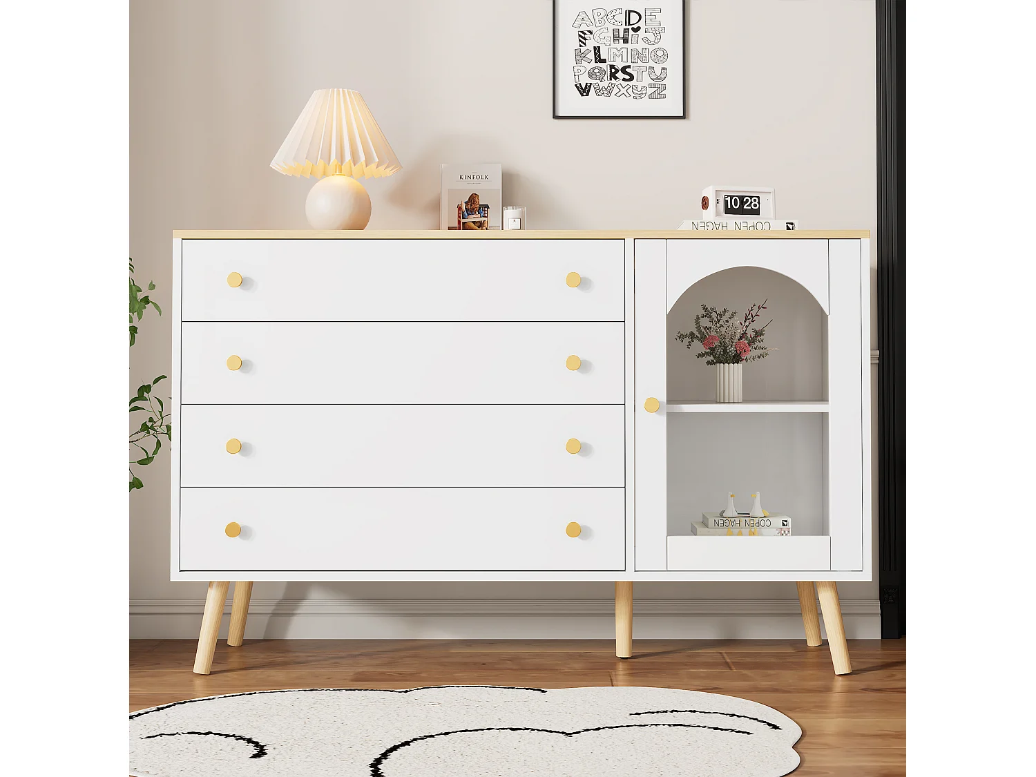 Dressoir 120x40x77,5cm met 1 houten deur en 4 lades, bovenblad en poten in natuurlijk houtfineer, wit