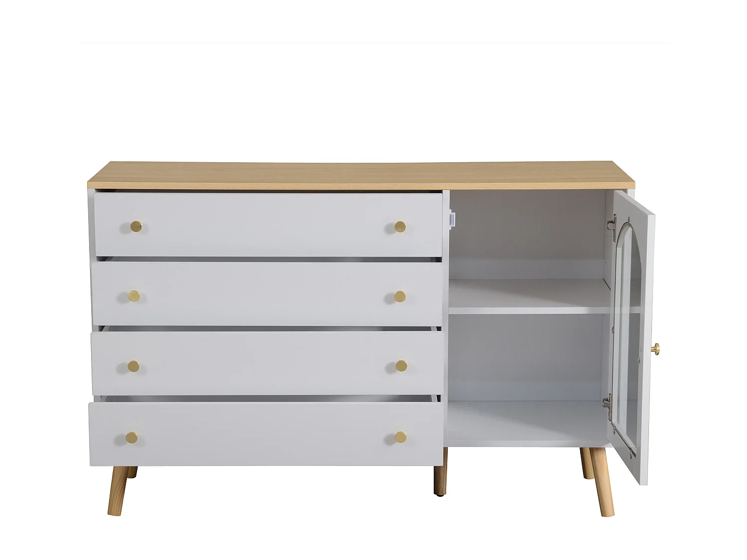 Dressoir 120x40x77,5cm met 1 houten deur en 4 lades, bovenblad en poten in natuurlijk houtfineer, wit