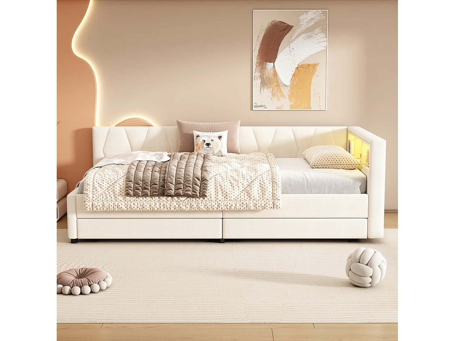 Lit banquette enfant 90x200cm beige en lin avec 2 tiroirs, LED et USB, sommier à lattes, sans matelas
