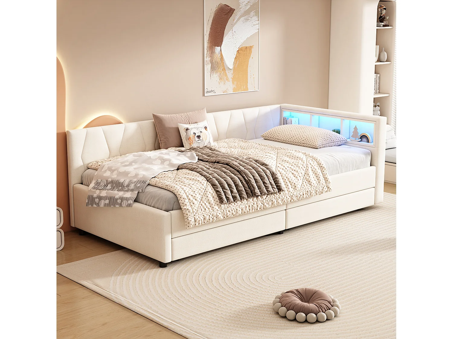 Lit banquette enfant 90x200cm beige en lin avec 2 tiroirs, LED et USB, sommier à lattes, sans matelas