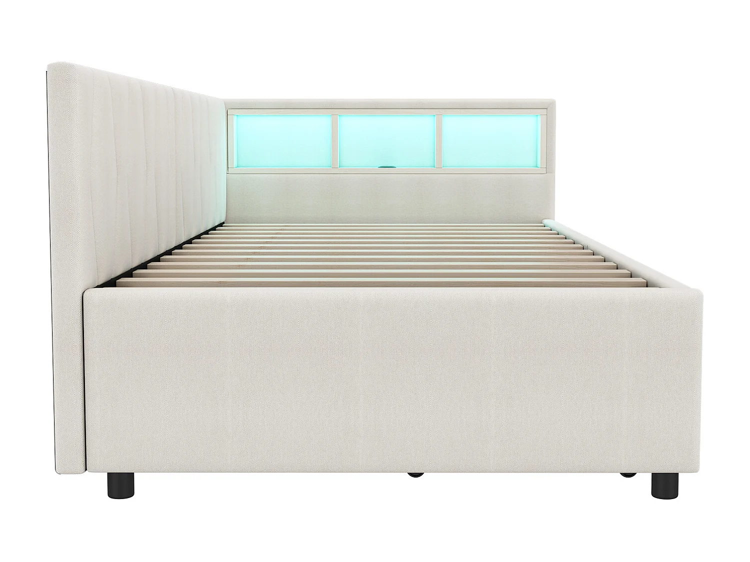 Lit banquette enfant 90x200cm beige en lin avec 2 tiroirs, LED et USB, sommier à lattes, sans matelas
