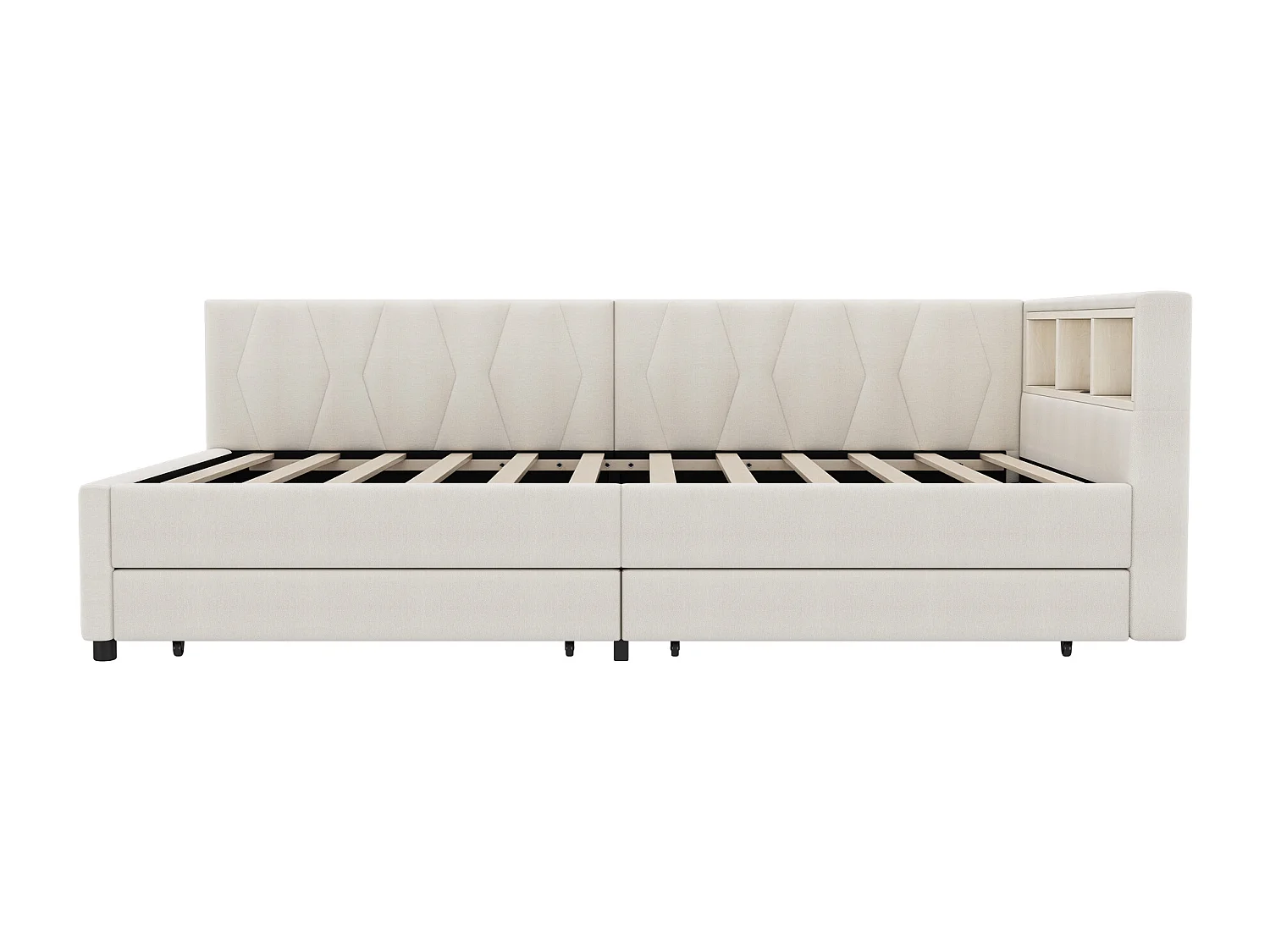 Lit banquette enfant 90x200cm beige en lin avec 2 tiroirs, LED et USB, sommier à lattes, sans matelas