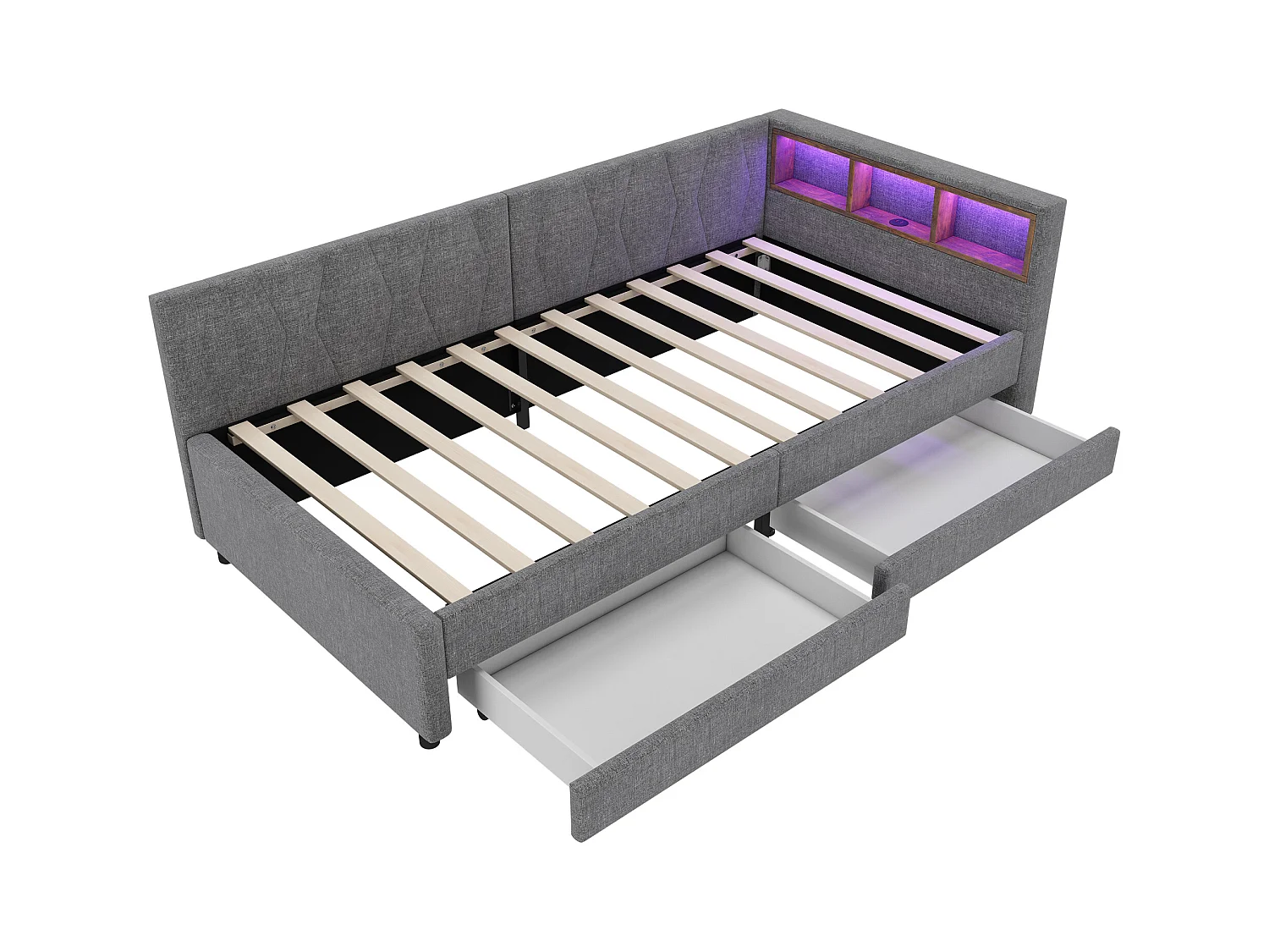 Sofá-cama infantil 90x200cm linho cinza com 2 gavetas, LED e USB, estrado de ripas, sem colchão