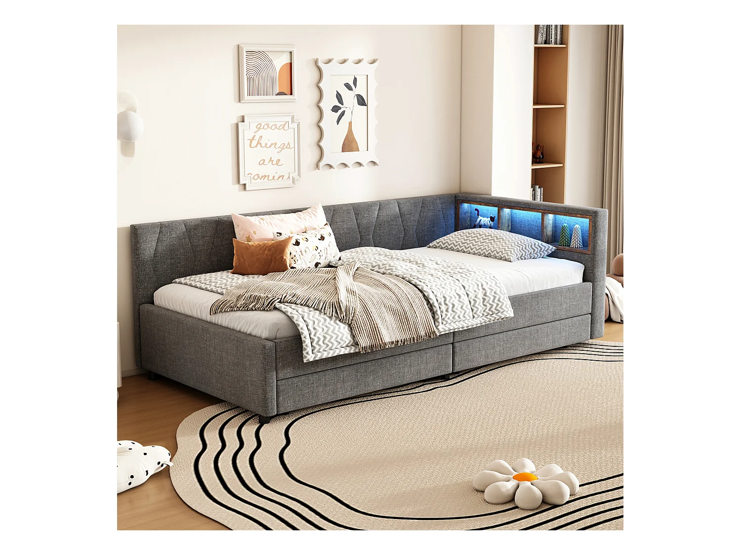 Sofá-cama infantil 90x200cm linho cinza com 2 gavetas, LED e USB, estrado de ripas, sem colchão