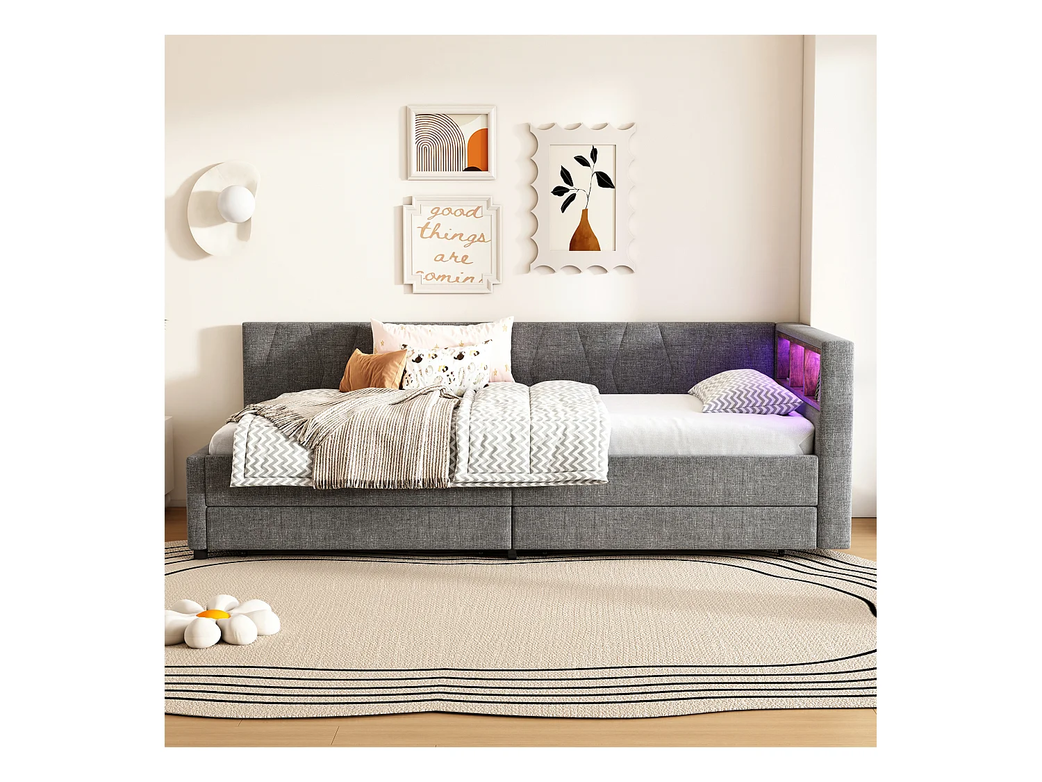 Sofá-cama infantil 90x200cm linho cinza com 2 gavetas, LED e USB, estrado de ripas, sem colchão