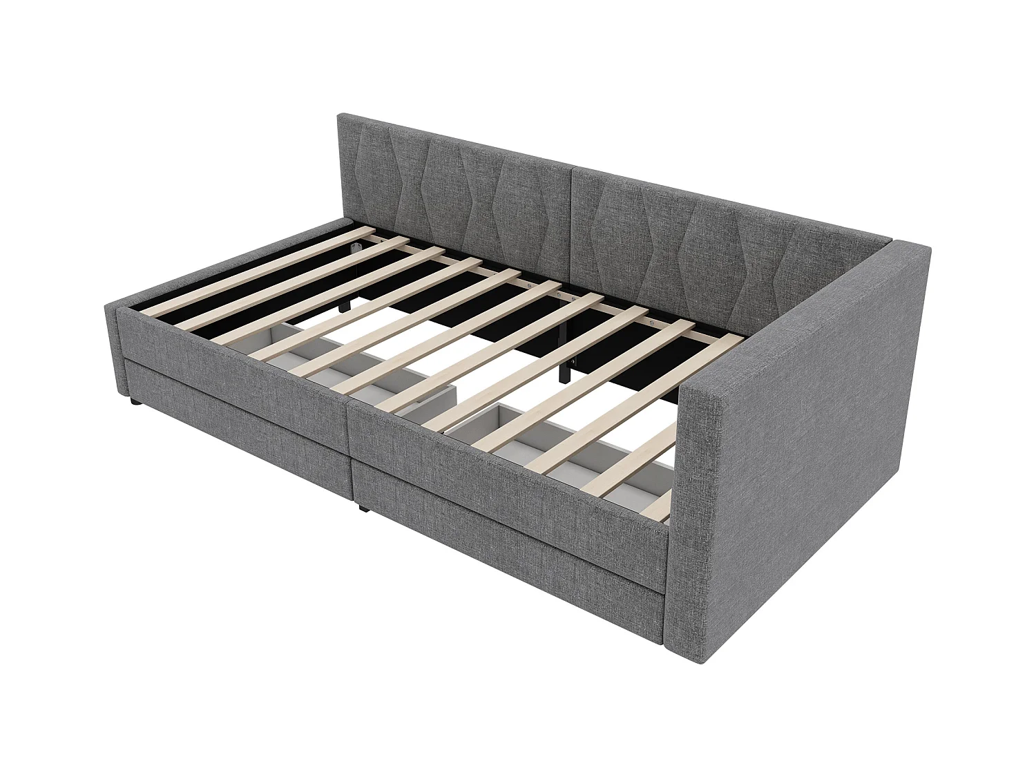 Sofá-cama infantil 90x200cm linho cinza com 2 gavetas, LED e USB, estrado de ripas, sem colchão