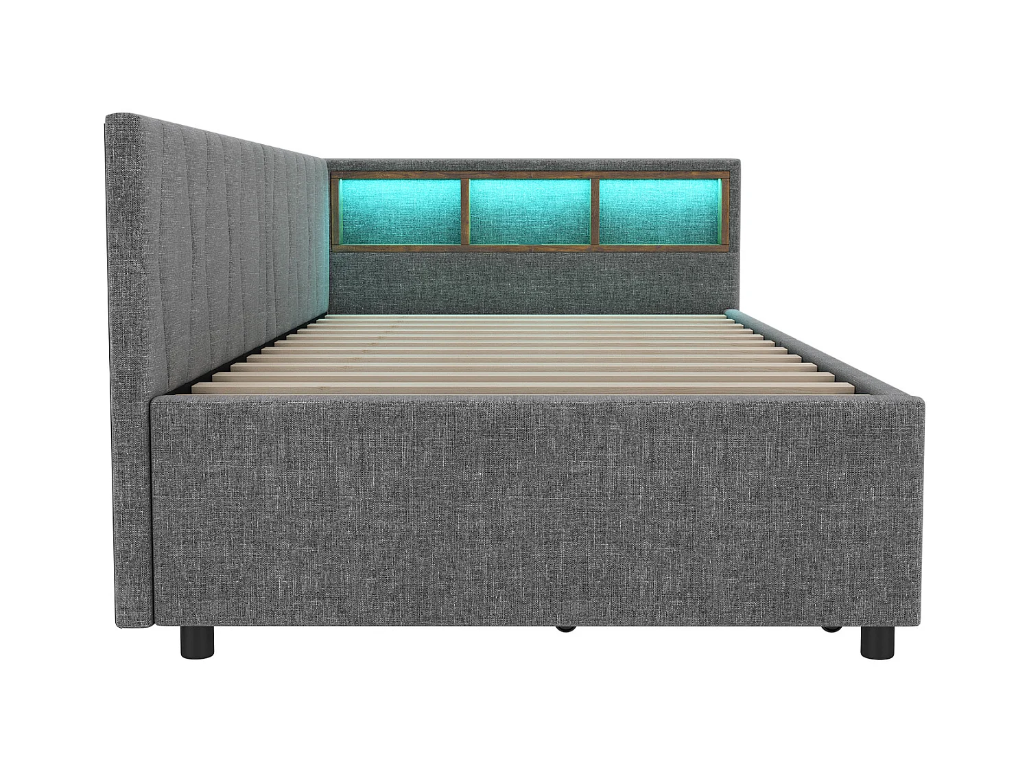Sofá-cama infantil 90x200cm linho cinza com 2 gavetas, LED e USB, estrado de ripas, sem colchão