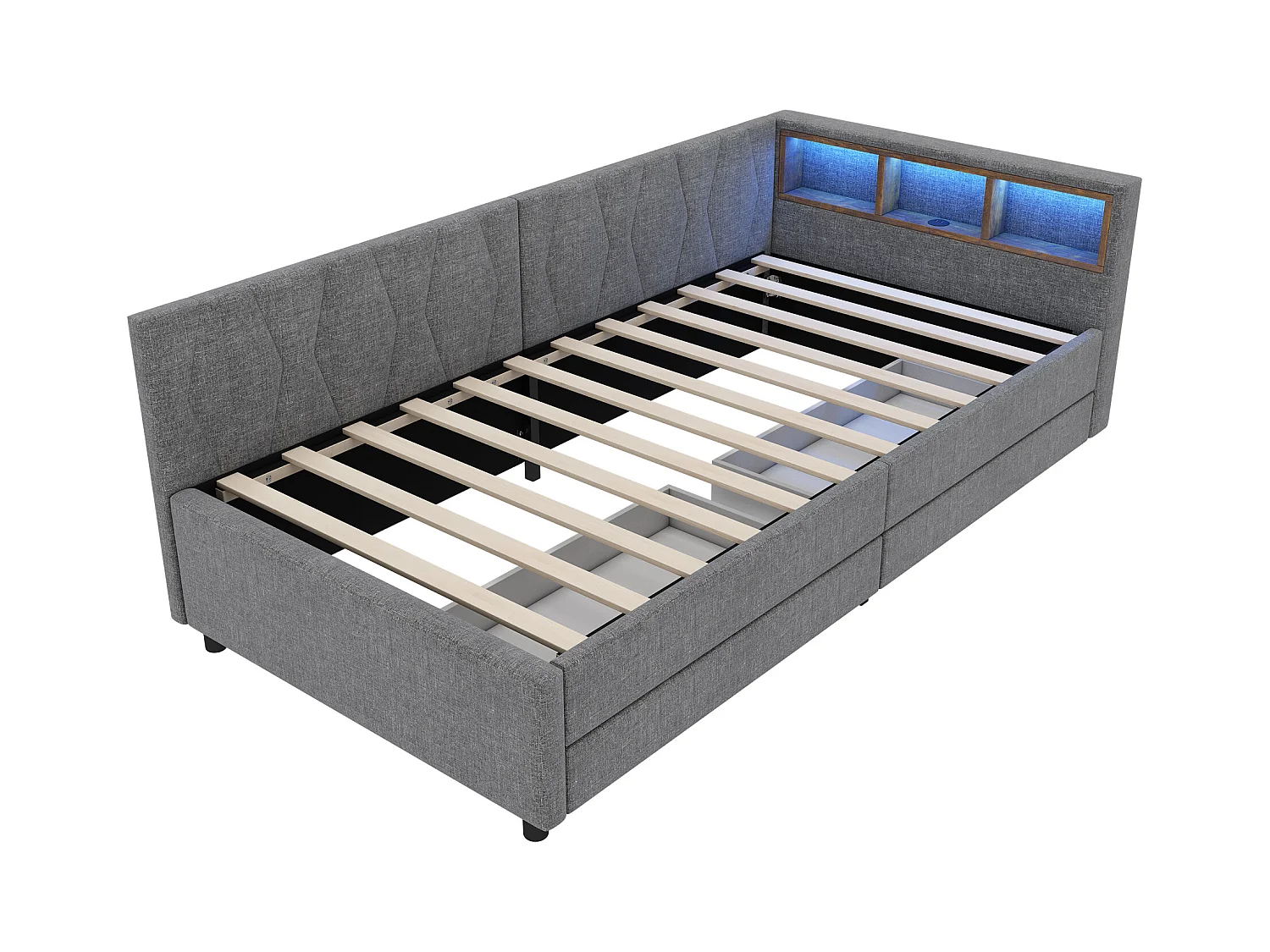 Sofá-cama infantil 90x200cm linho cinza com 2 gavetas, LED e USB, estrado de ripas, sem colchão