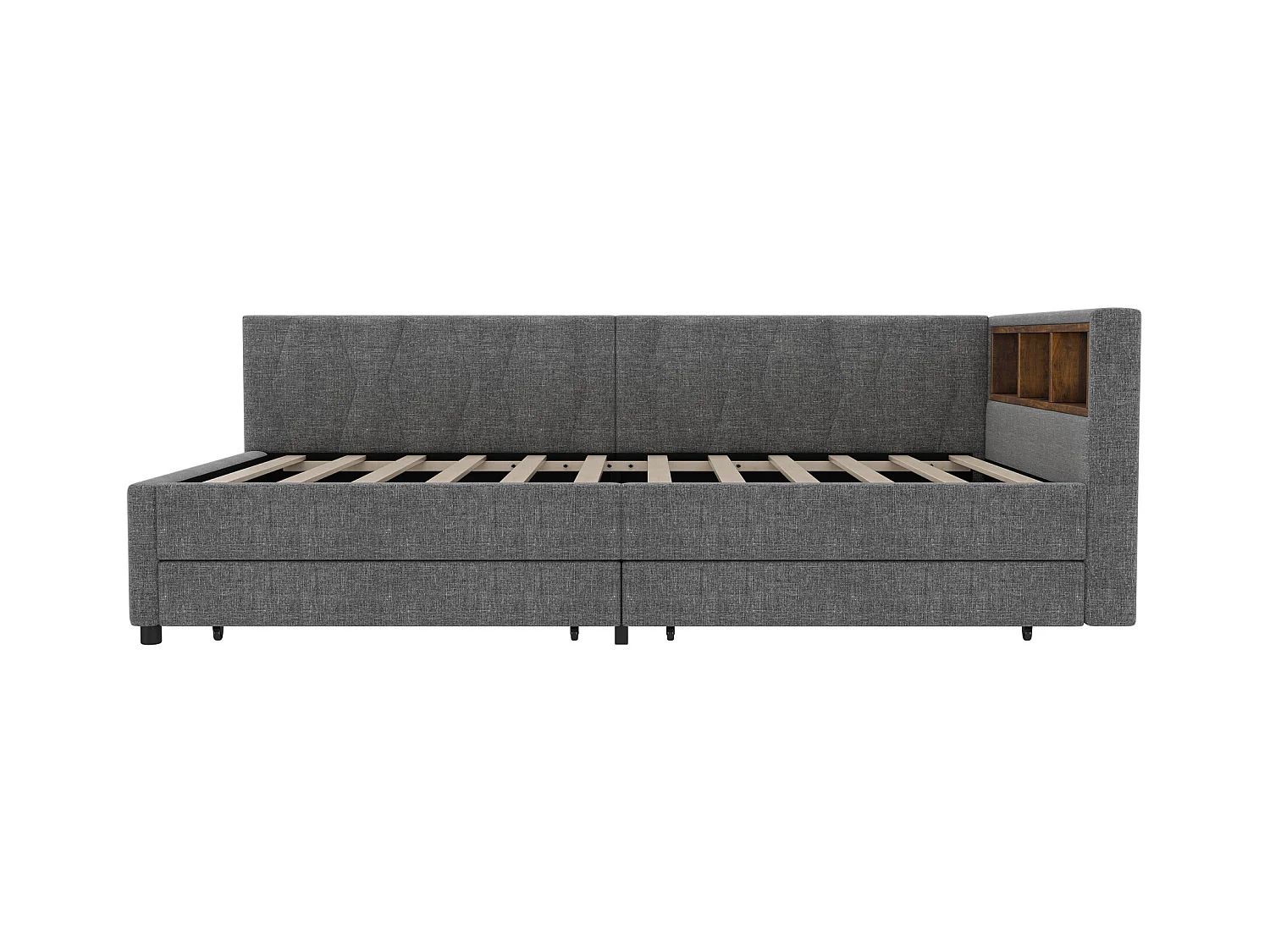 Sofá-cama infantil 90x200cm linho cinza com 2 gavetas, LED e USB, estrado de ripas, sem colchão