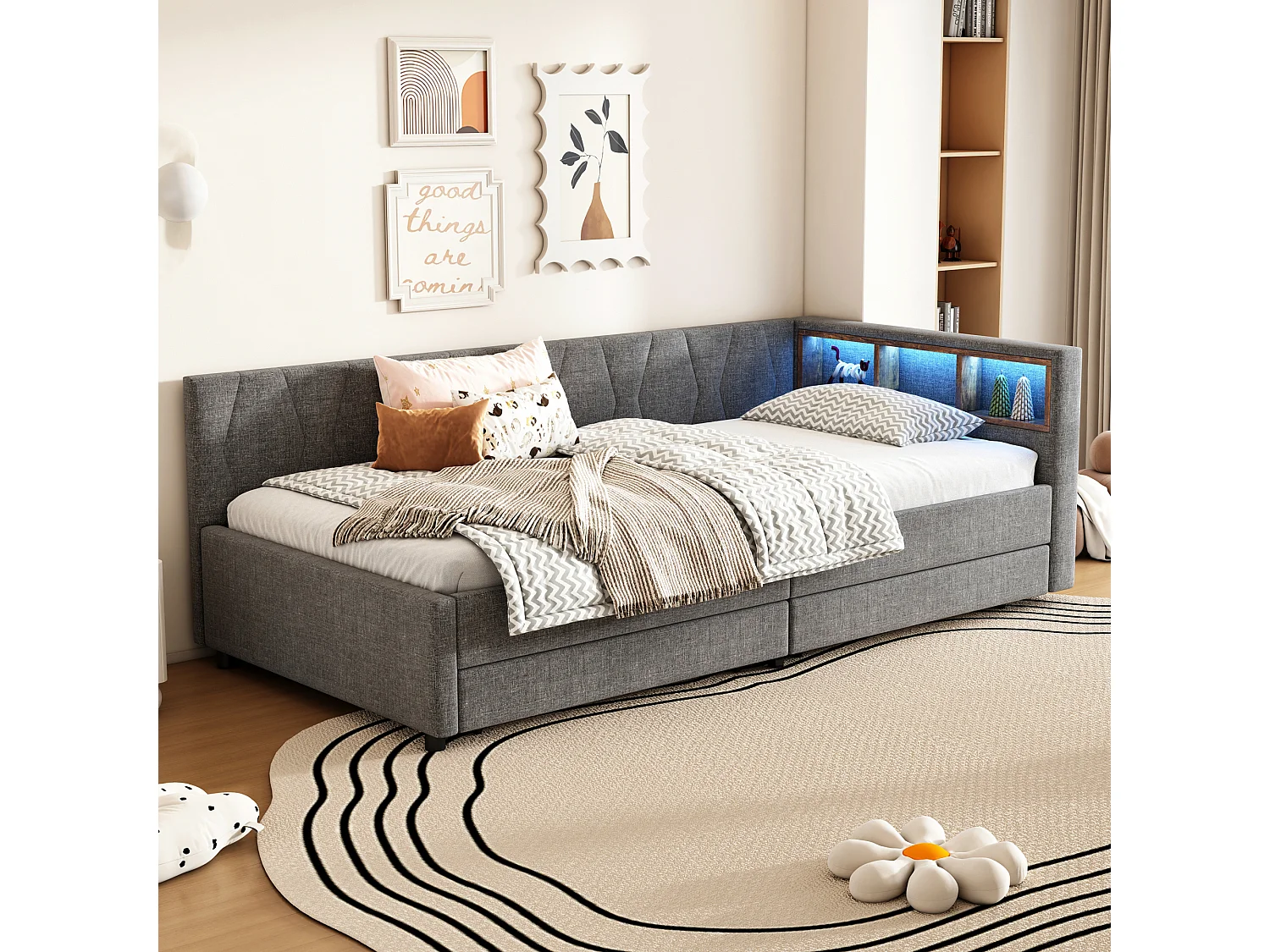 Kinderslaapbank 90x200cm grijs linnen met 2 lades, LED en USB, lattenbodem, zonder matras