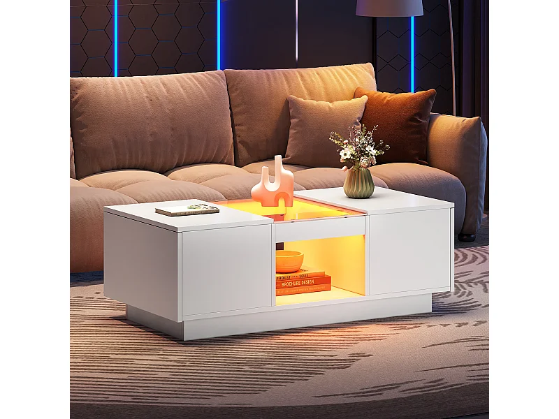 Tavolino rettangolare 100x50x35,5cm con 2 cassetti laterali e piano in vetro, LED, bianco