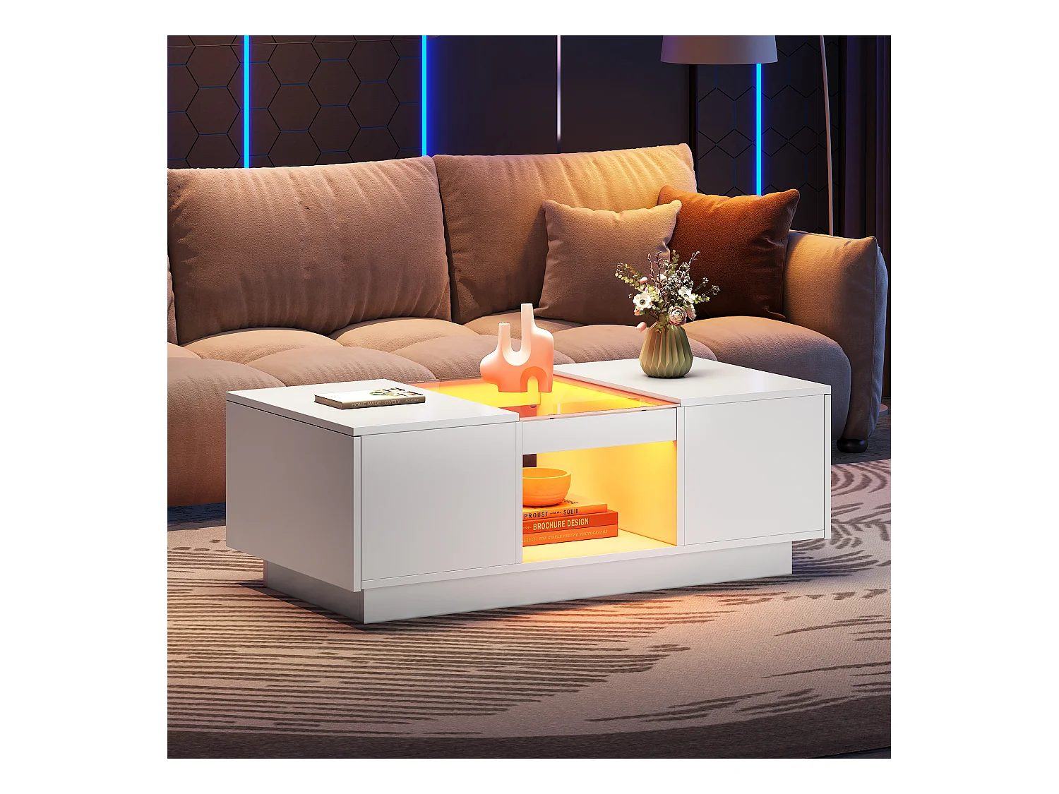 Table basse rectangle 100x50x35.5cm avec 2 tiroirs latéraux et plateau en verre, LED, blanc
