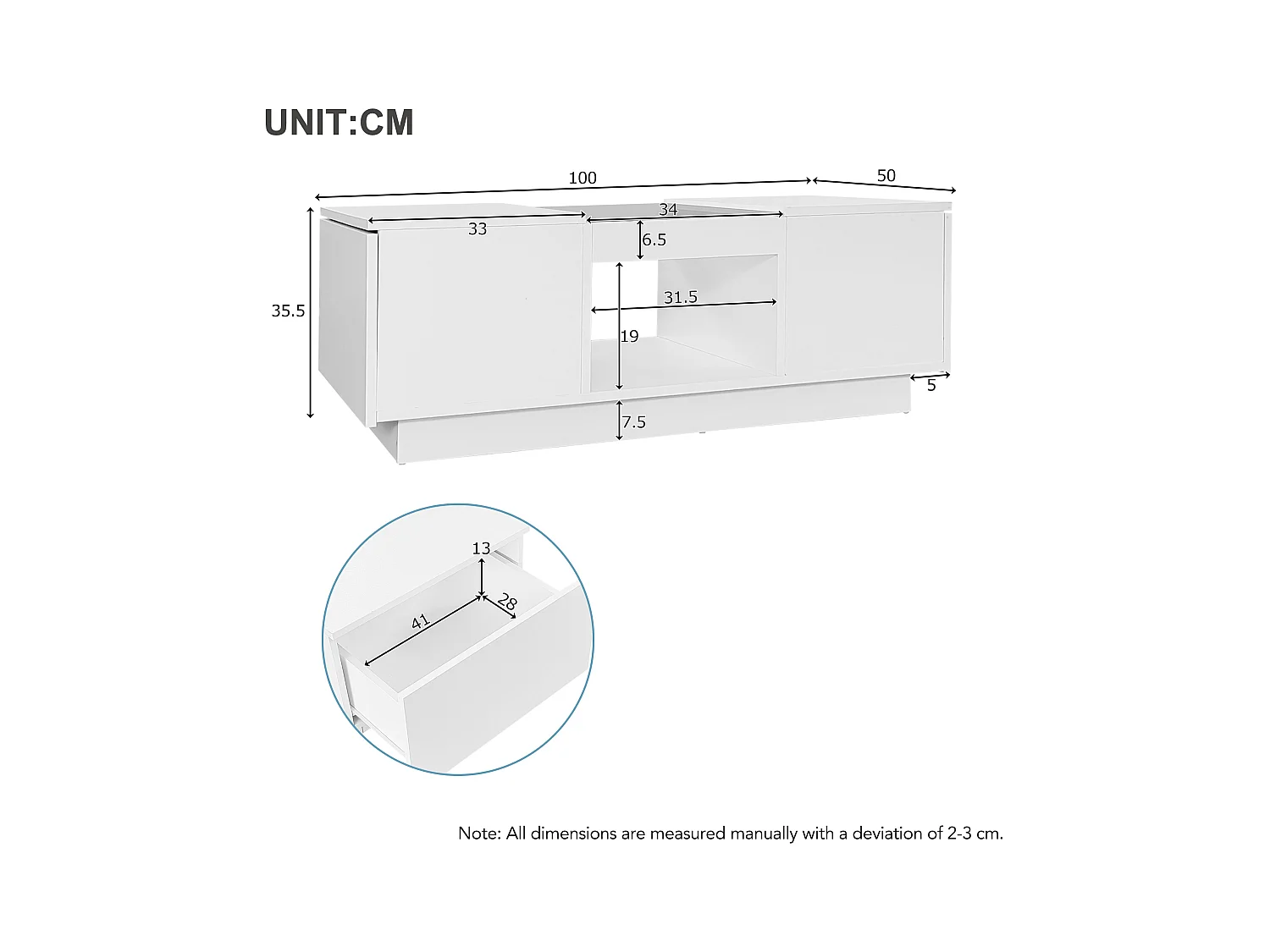 Table basse rectangle 100x50x35.5cm avec 2 tiroirs latéraux et plateau en verre, LED, blanc