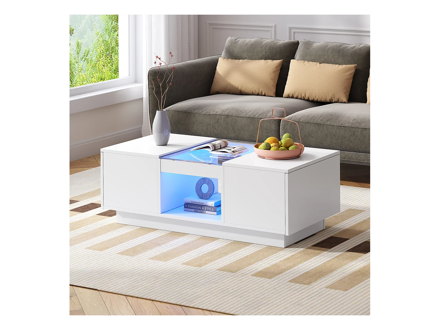 Table basse rectangle 100x50x35.5cm avec 2 tiroirs latéraux et plateau en verre, LED, blanc
