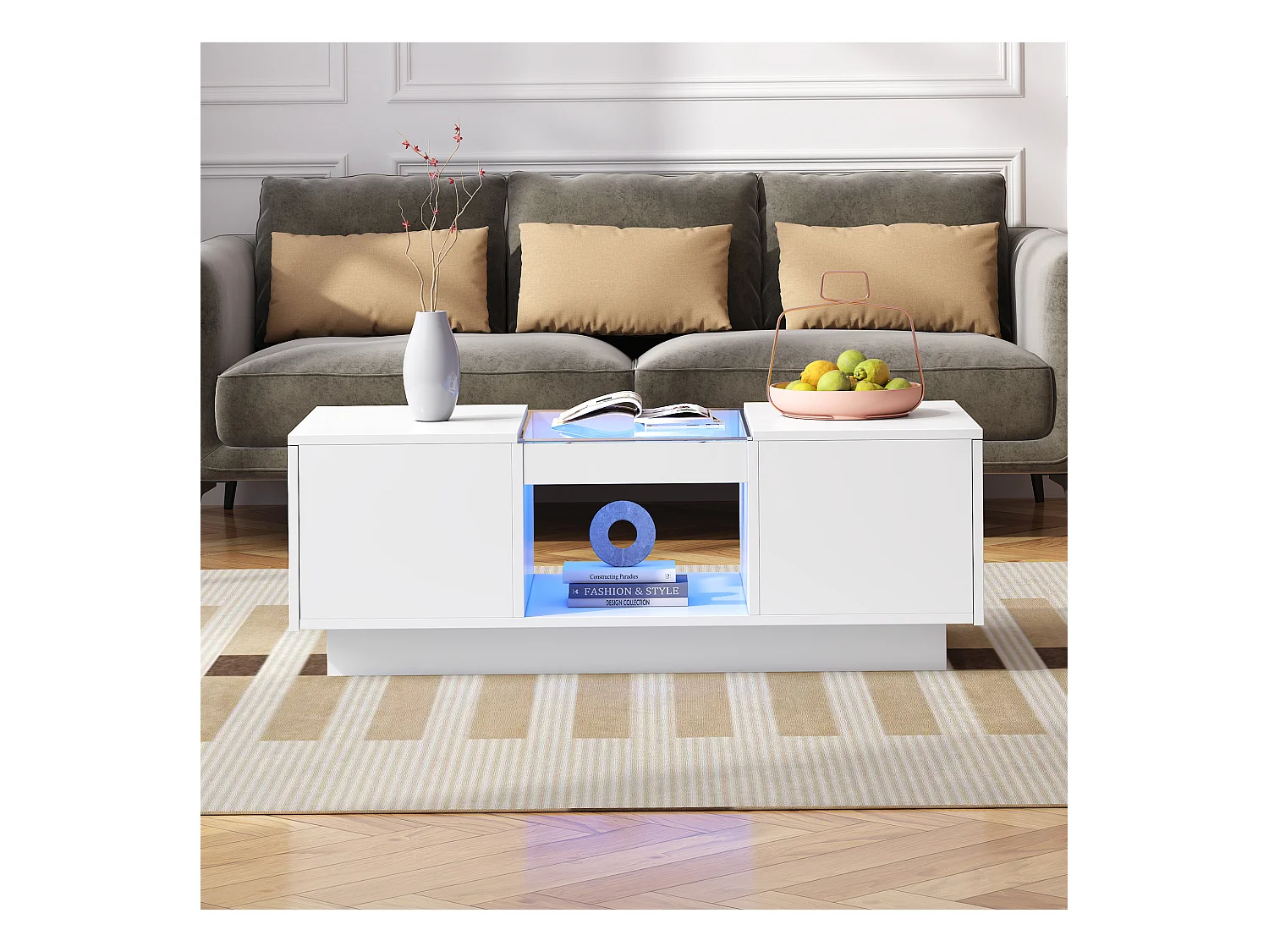 Table basse rectangle 100x50x35.5cm avec 2 tiroirs latéraux et plateau en verre, LED, blanc