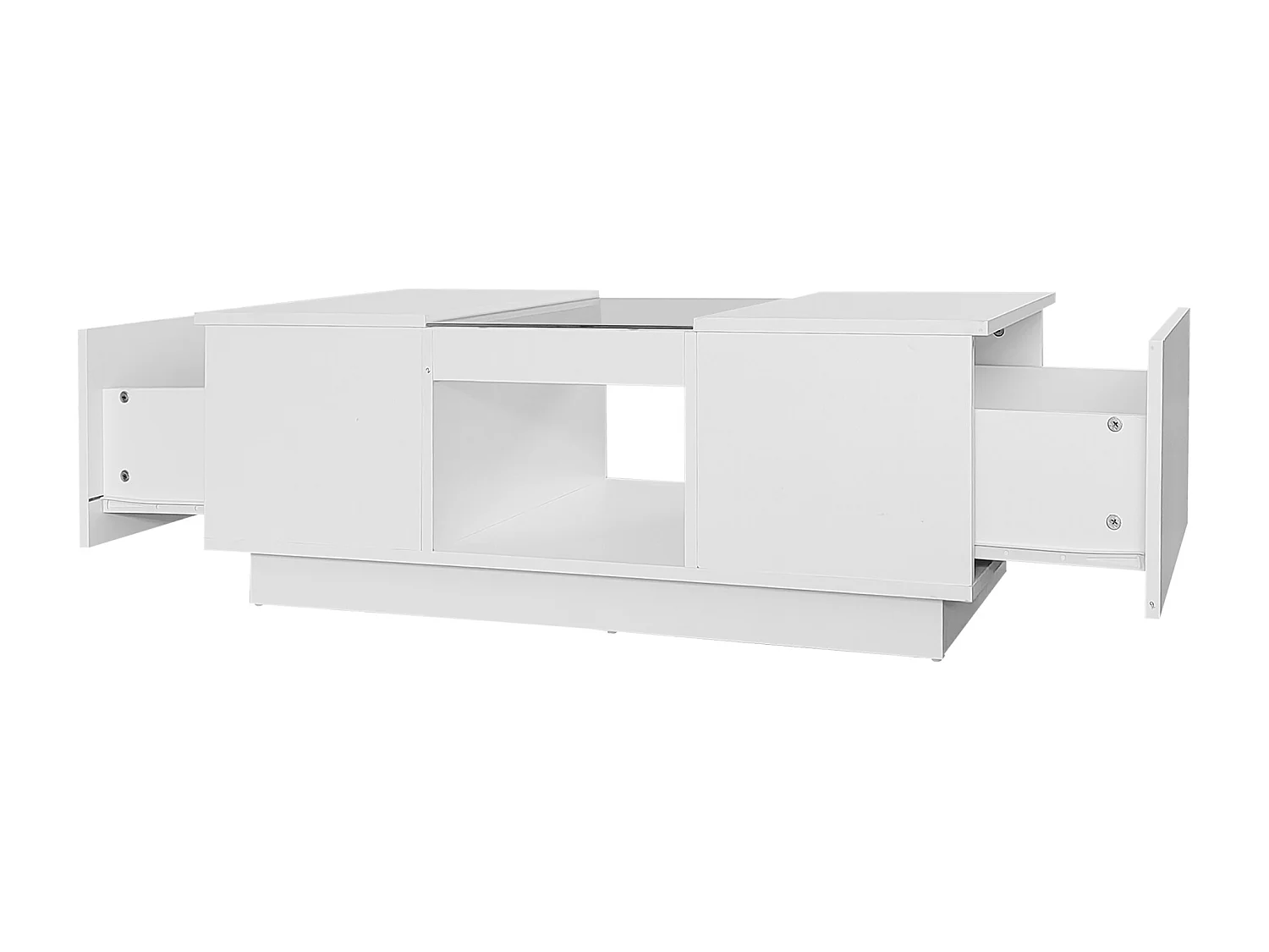 Table basse rectangle 100x50x35.5cm avec 2 tiroirs latéraux et plateau en verre, LED, blanc