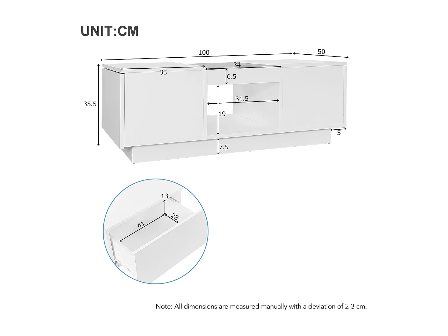 Table basse rectangle 100x50x35.5cm avec 2 tiroirs latéraux et plateau en verre, LED, blanc