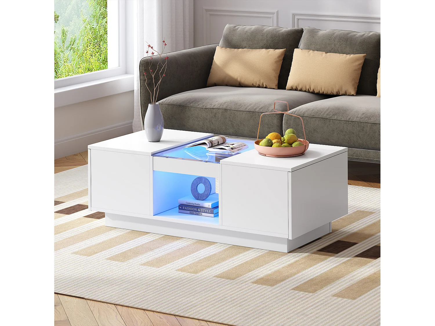 Table basse rectangle 100x50x35.5cm avec 2 tiroirs latéraux et plateau en verre, LED, blanc