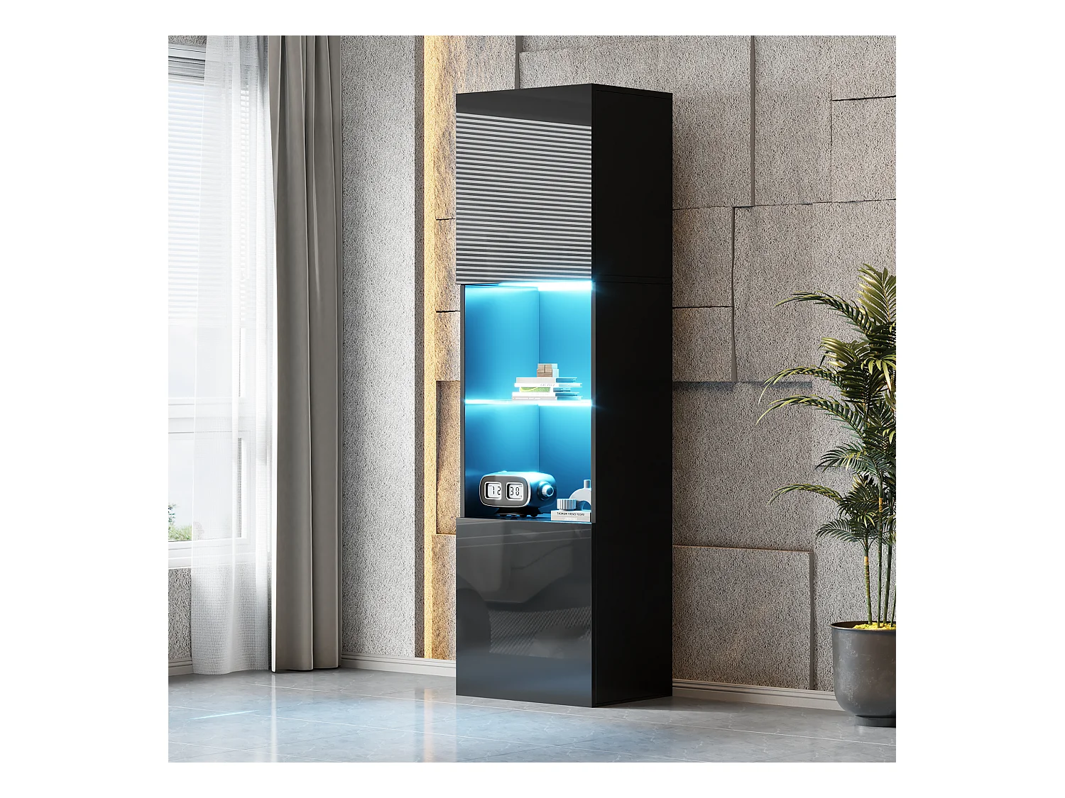 Vitrine preta de alto brilho com 2 portas e 1 prateleira de vidro, LED incluído - 45x35x160cm