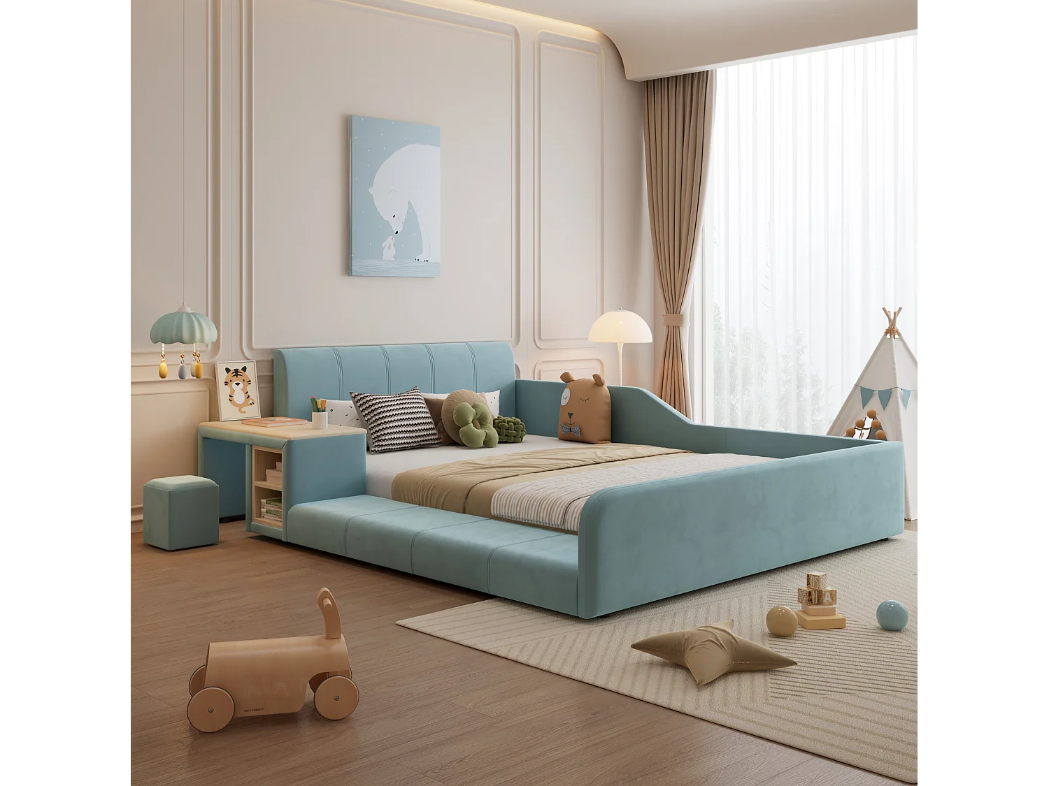 Lit enfant 140x200cm avec bureau et tabouret, tissu en velours bleu, sommier à lattes, sans matelas