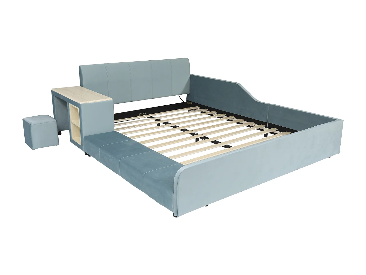 Lit enfant 140x200cm avec bureau et tabouret, tissu en velours bleu, sommier à lattes, sans matelas