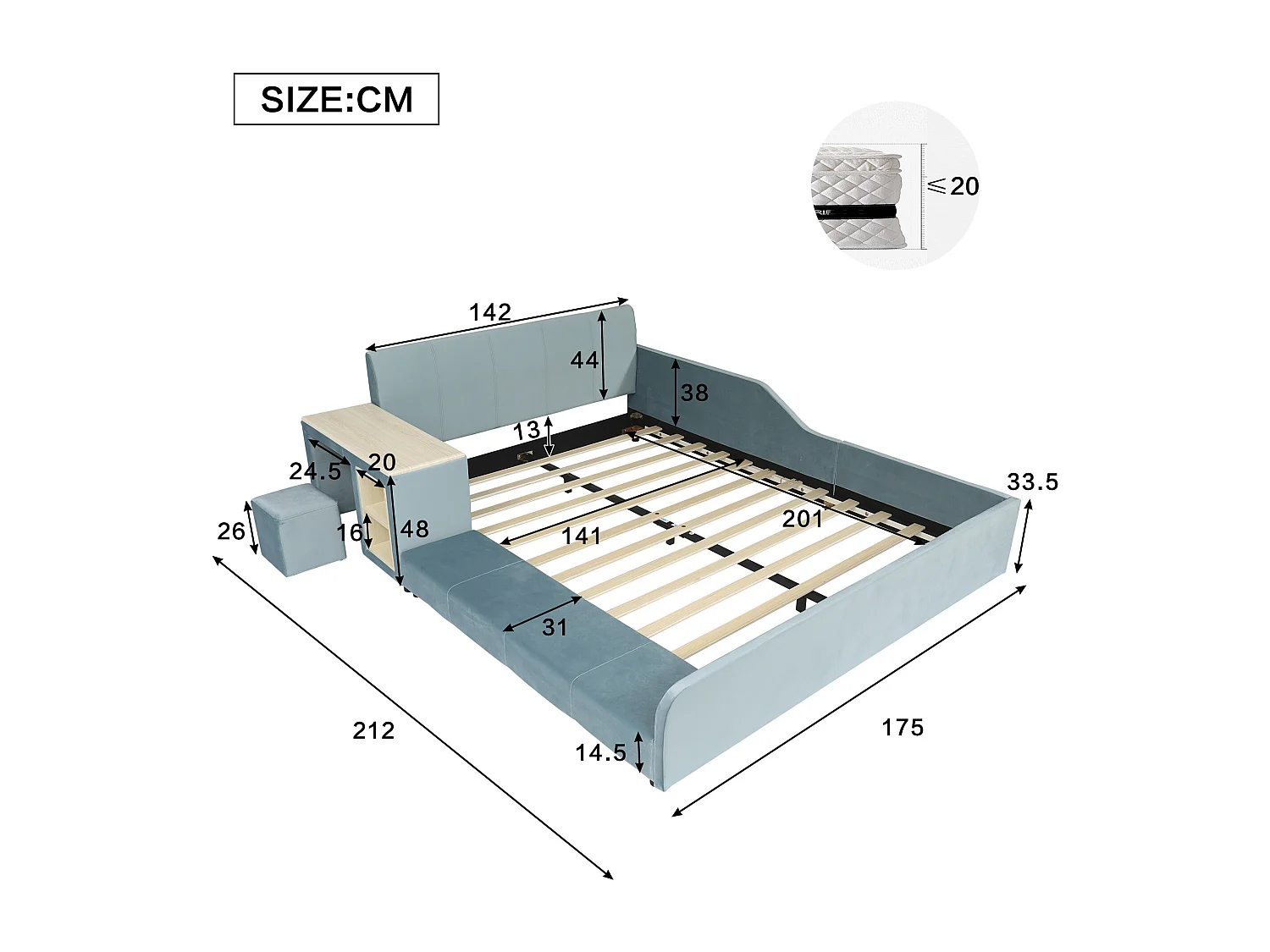 Lit enfant 140x200cm avec bureau et tabouret, tissu en velours bleu, sommier à lattes, sans matelas