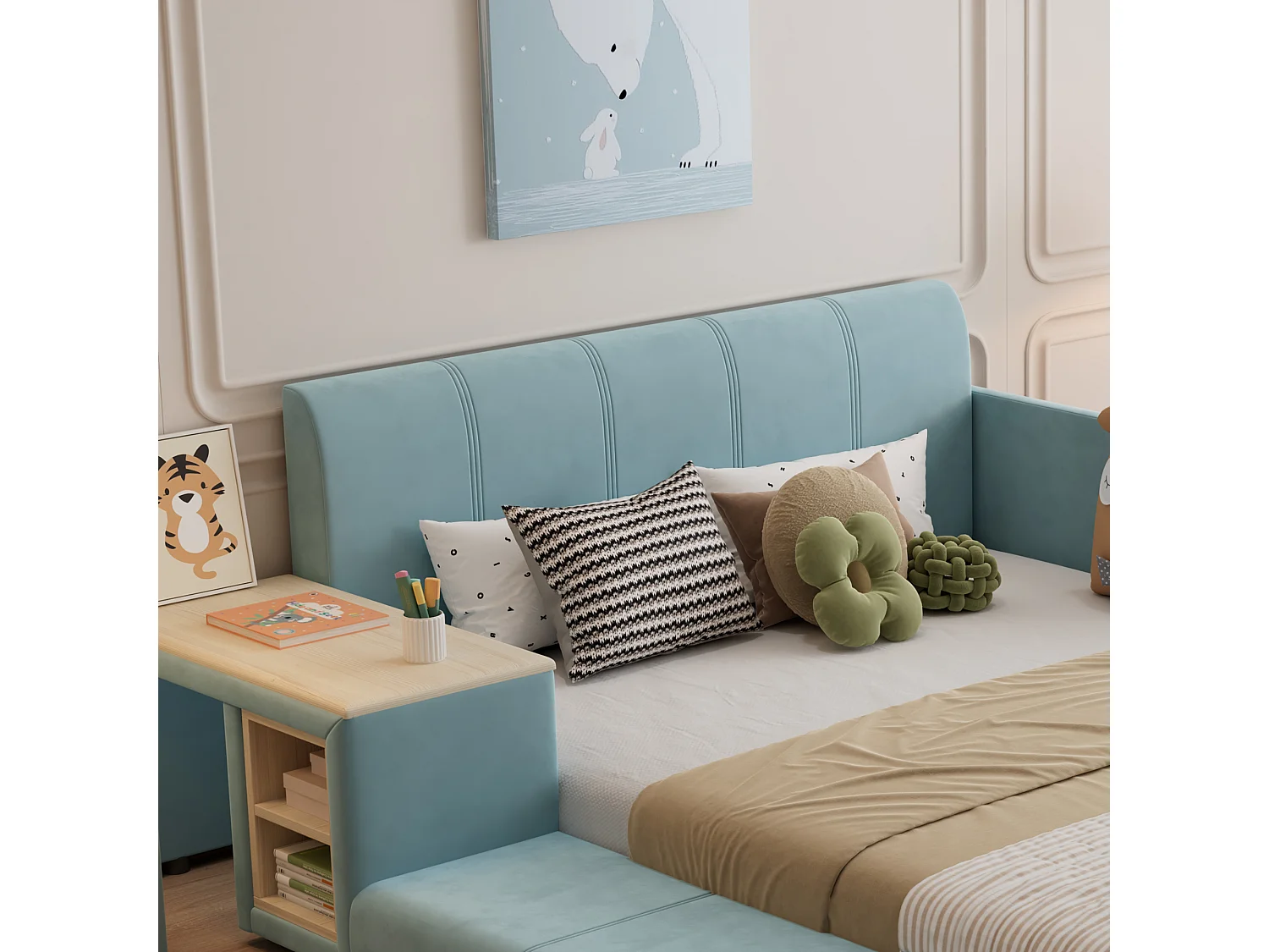 Lit enfant 140x200cm avec bureau et tabouret, tissu en velours bleu, sommier à lattes, sans matelas